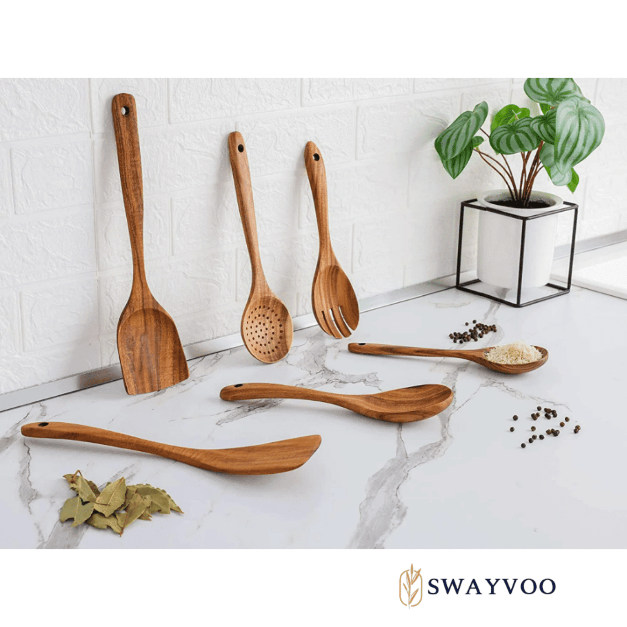 Swayvoo Wooden Spoons for Cooking, 6-Piece 100% Natural Teak Wooden Utensils for Cooking — Heat Resistant, Non-Stick ... - Image 4