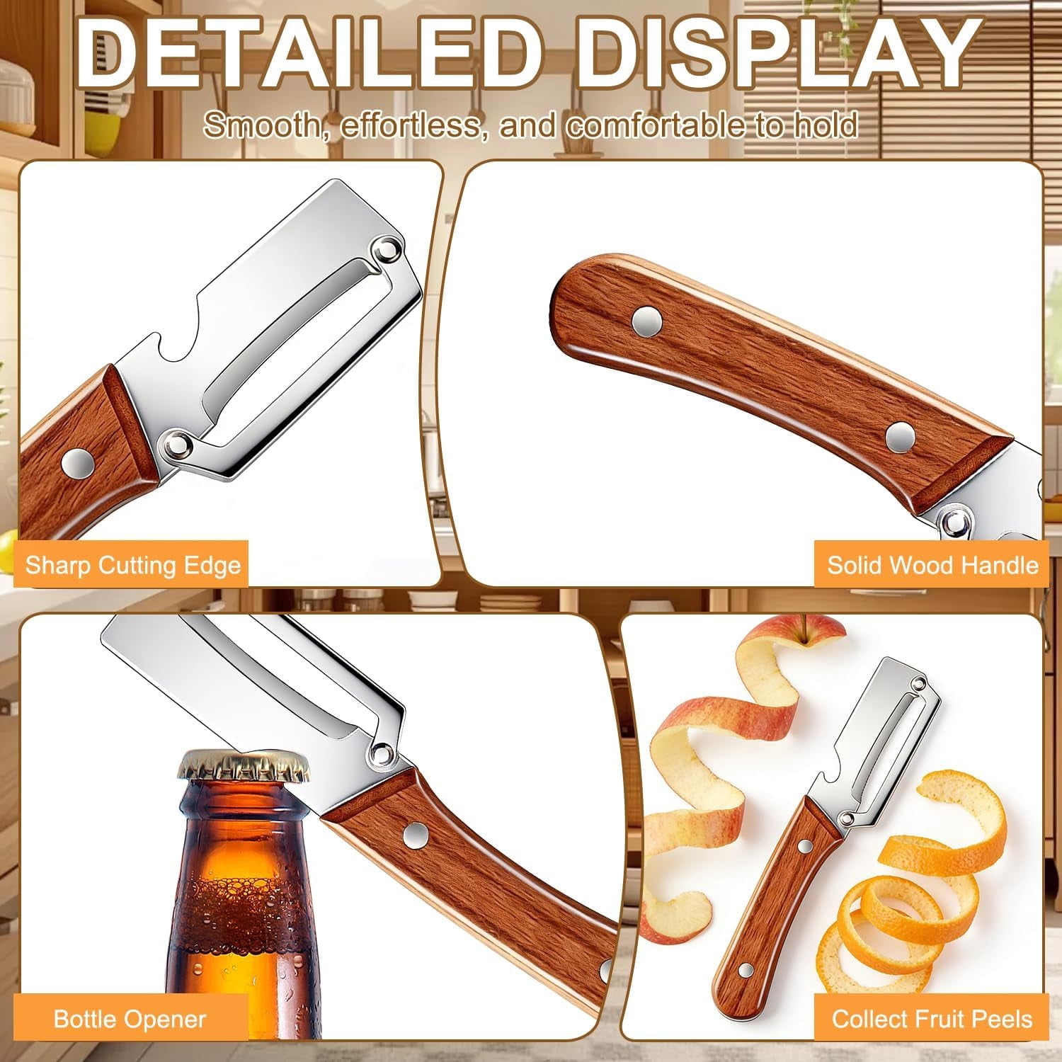 2PCS Multi-functional Vegetable Peeler with Wooden Handle and Bottle Opener, Features Solid Wood Handles, Fruit and V... - Image 3