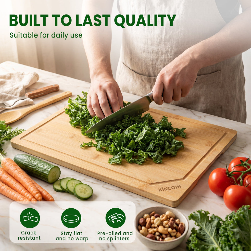 Kikcoin Bamboo Cutting Boards for Kitchen, with Deep Juice Groove and Inner Handle, 17.1" x 11.4" - Image 3