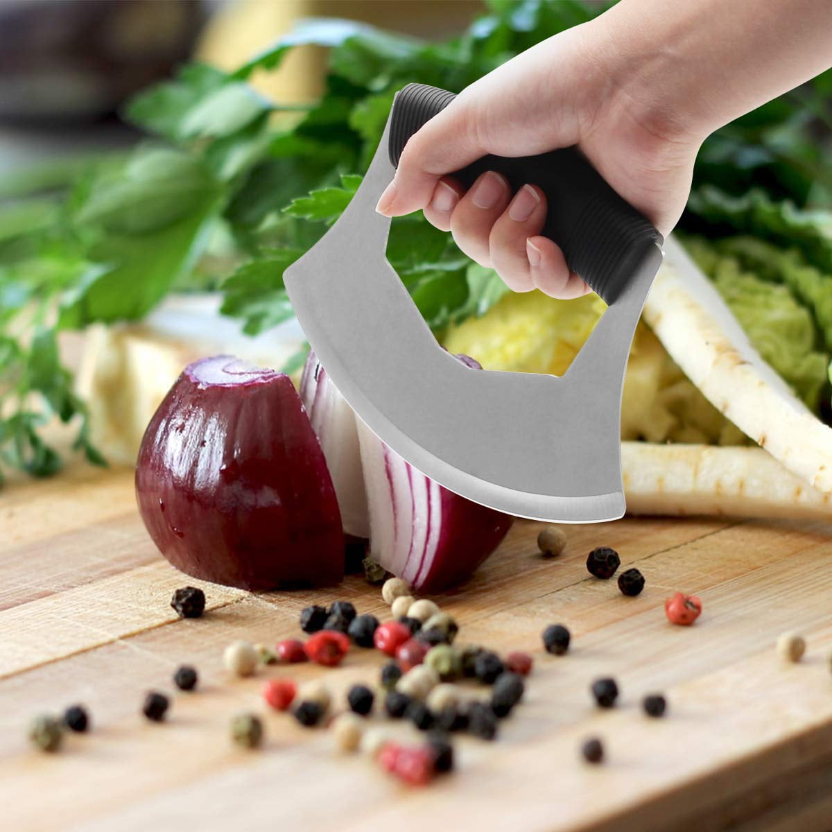 Plutput Mezzaluna Knife Salad Chopper, Stainless Steel Handle Anti-Slip Vegetable Chopper with Protection Cover Minci... - Image 6