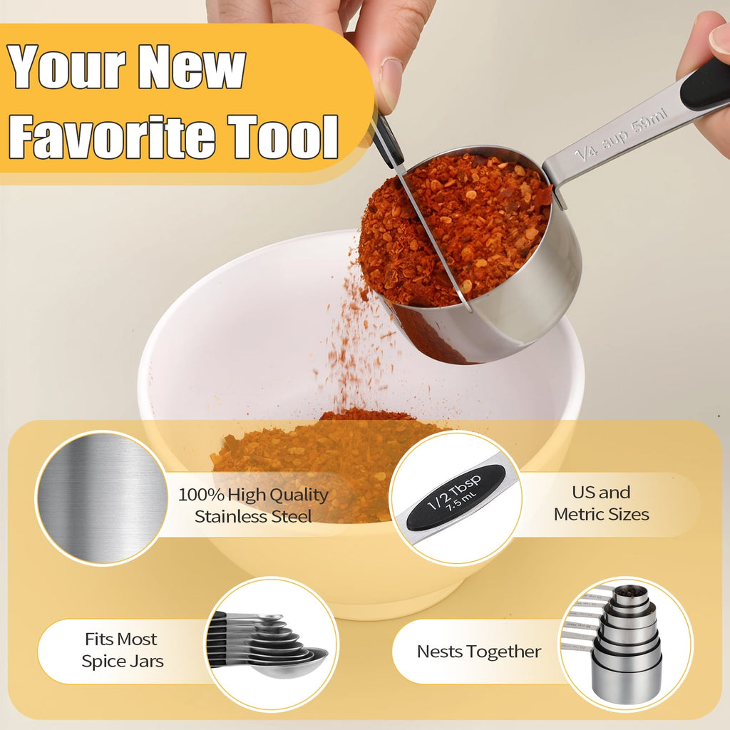 AOWOO 17 Pieces Measuring Cups and Magnetic Measuring Spoons Set Stainless Steel, 8 Measure Cups with Silicone Handle... - Image 4