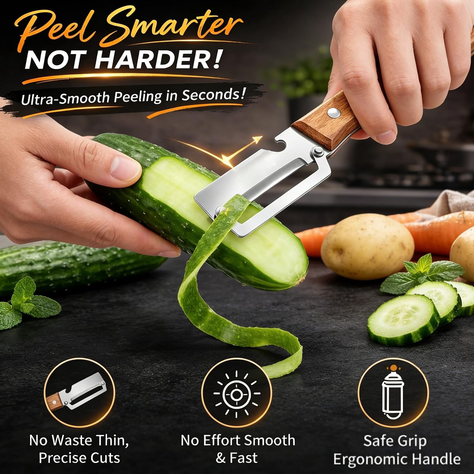 Zero Snag Wooden Kitchen Tool, Smooth Glide Vegetable Peeler with Stainless Steel Blade and Built-In Bottle Opener fo... - Image 2