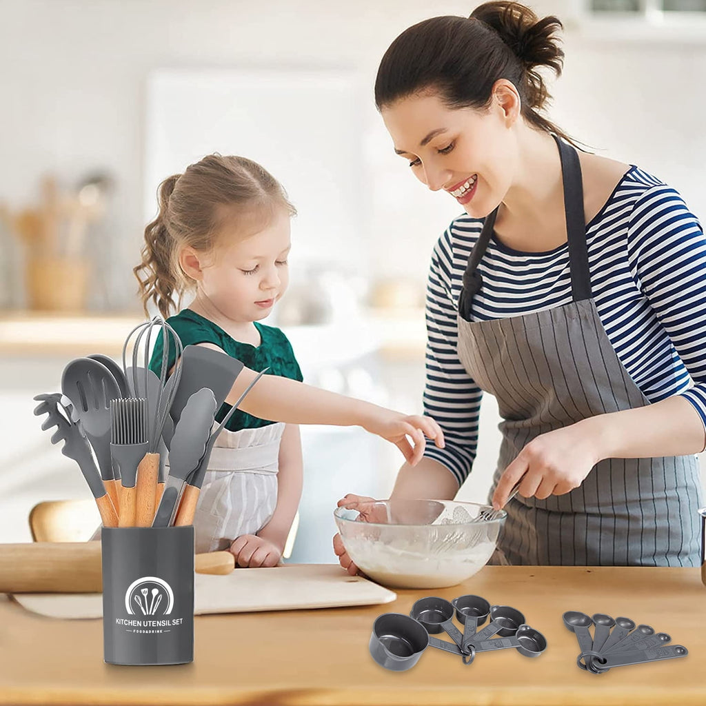 34PCS Silicone Cooking Utensils Set, 446°F Heat Resistant Wooden Handle Cooking Kitchen Utensils Spatula Set with Hol... - Image 3