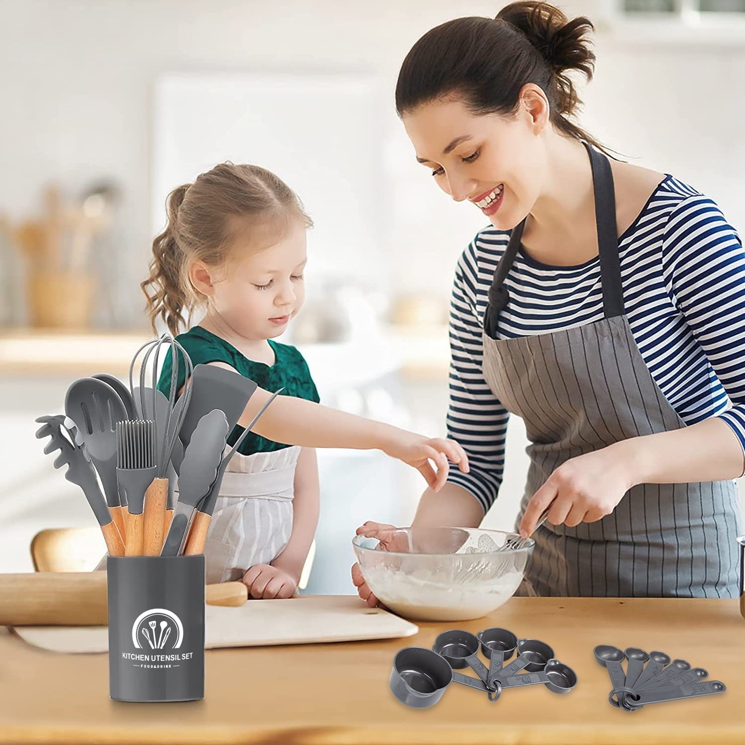 34PCS Silicone Cooking Utensils Set, 446°F Heat Resistant Wooden Handle Cooking Kitchen Utensils Spatula Set with Hol... - Image 3