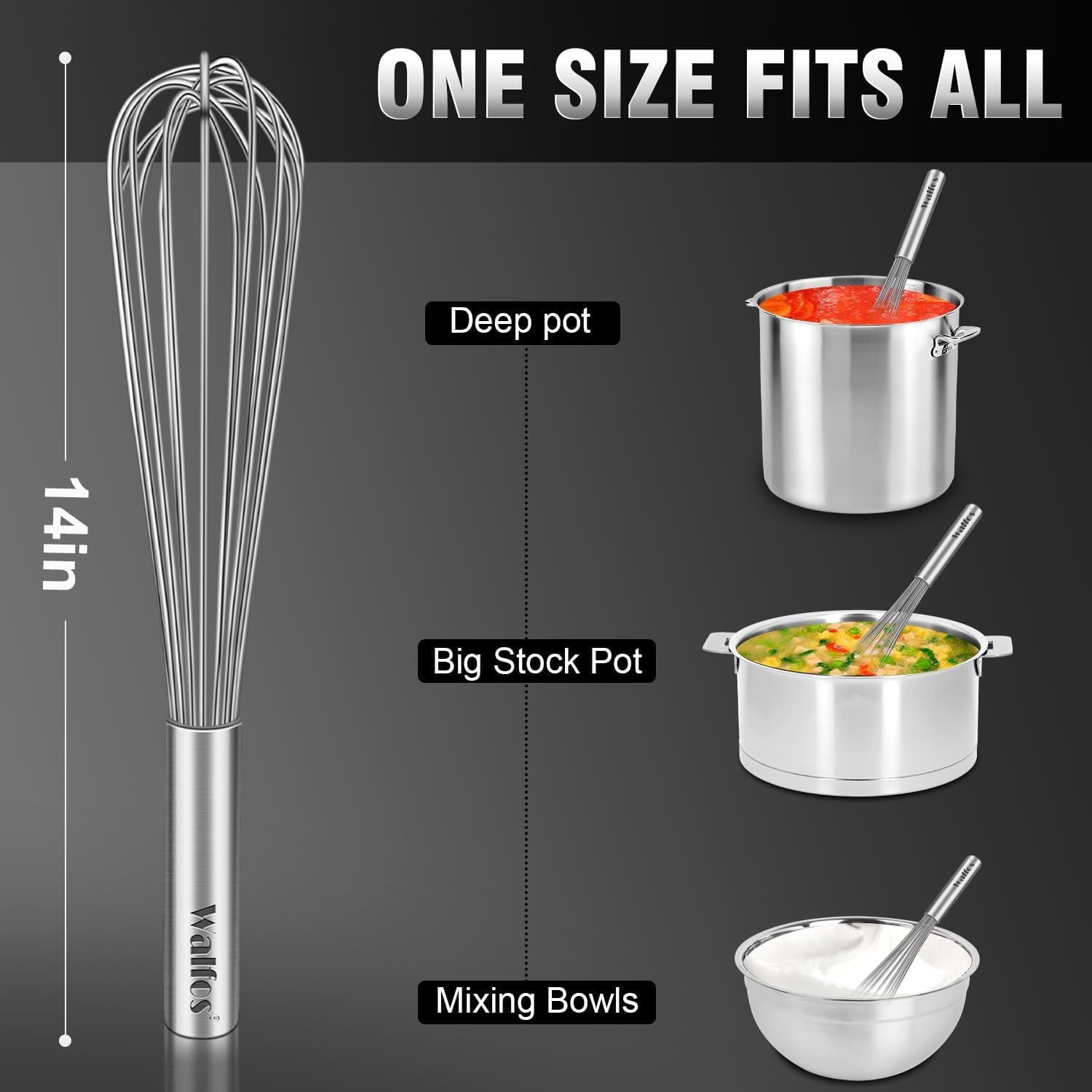 Walfos Whisk,14in Large Whisks, Heavy Duty Stainless Steel Wire Whisk for Blending, Whisking, Beating Suitable for st... - Image 5