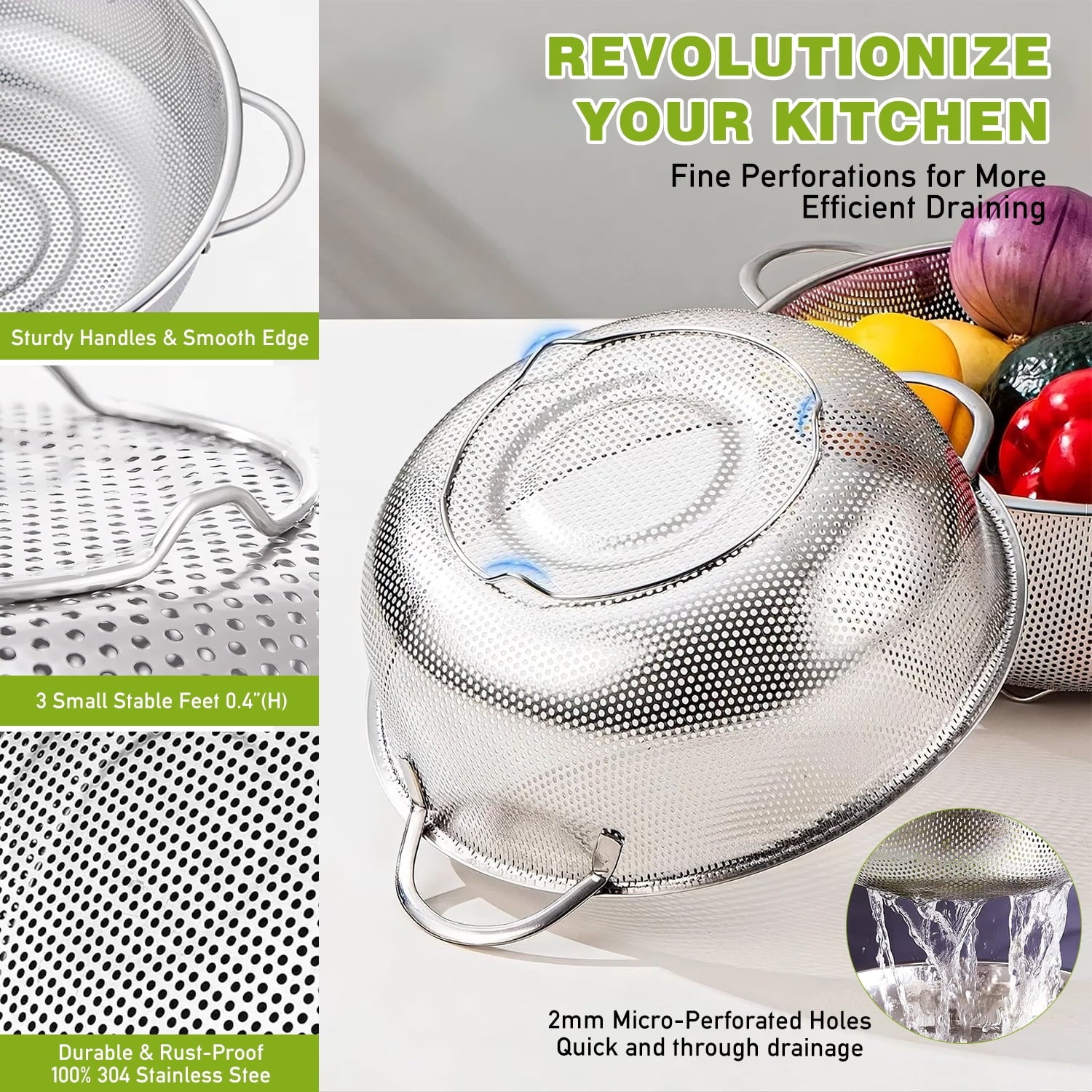 Colander Set of 3, AOKIWO Stainless Steel Micro-Perforated Colanders Strainers for Draining Rinsing Washing, Ideal fo... - Image 4