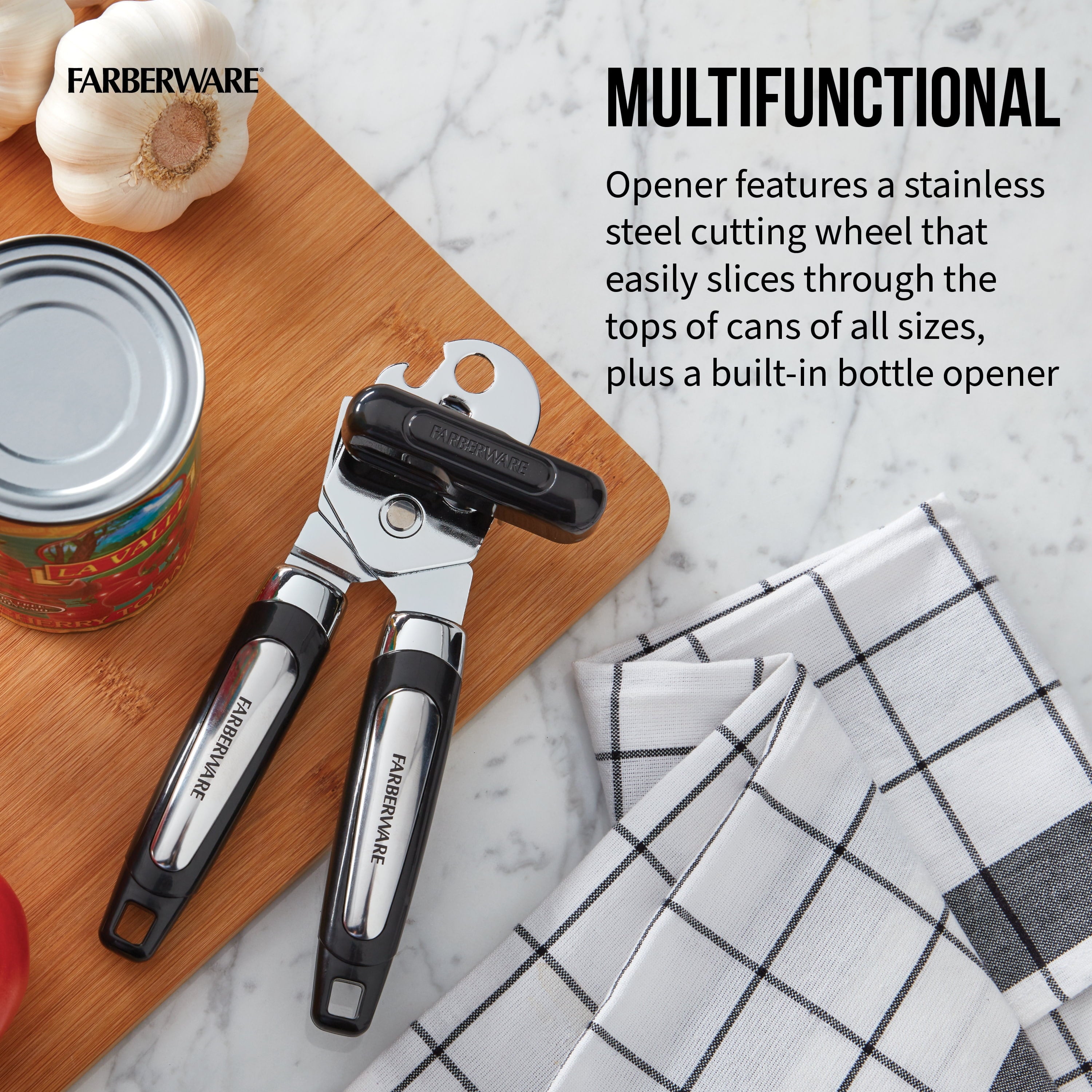 Professional Can Opener with Built in Bottle Opener in Black - Image 2