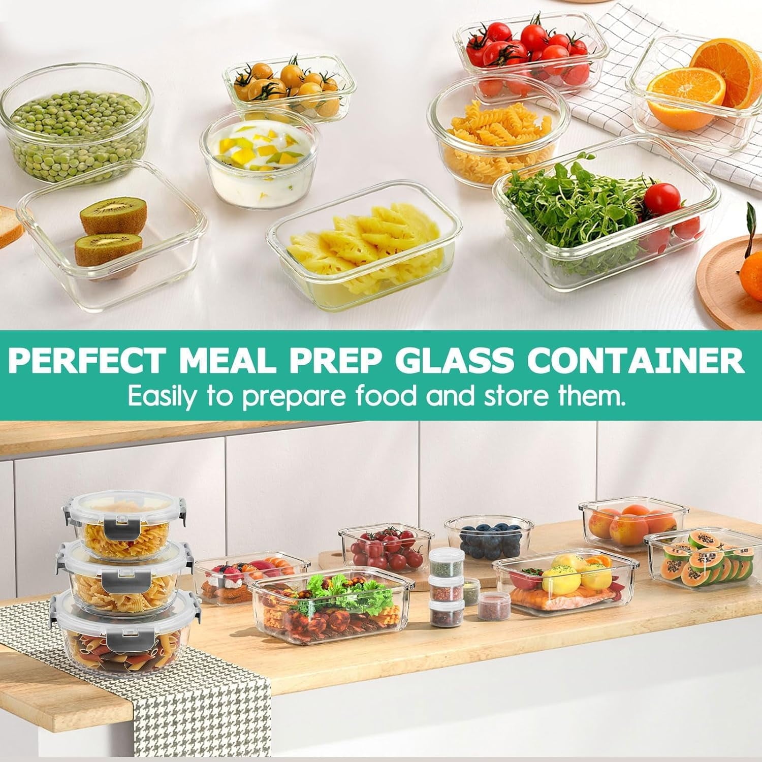 34pcs Glass Food Storage Containers with Lids Set, Airtight Meal Prep Containers (17 Containers & 17 Lids), Grey - Image 2