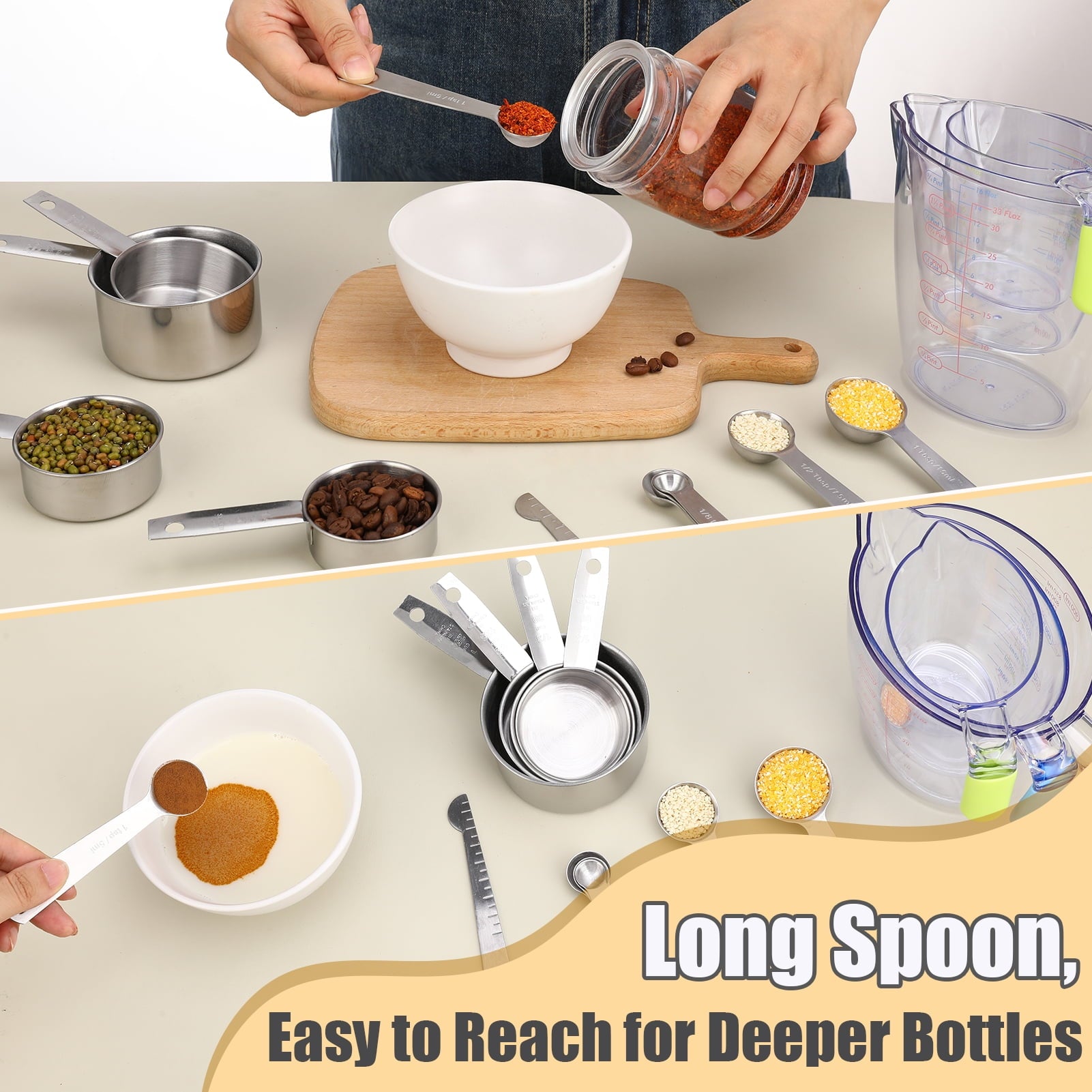 LUIISIS 14-Piece Measuring Cups and Spoons Set, Nesting Stainless Steel Measuring Cups Spoons with Plastic Measuring ... - Image 4