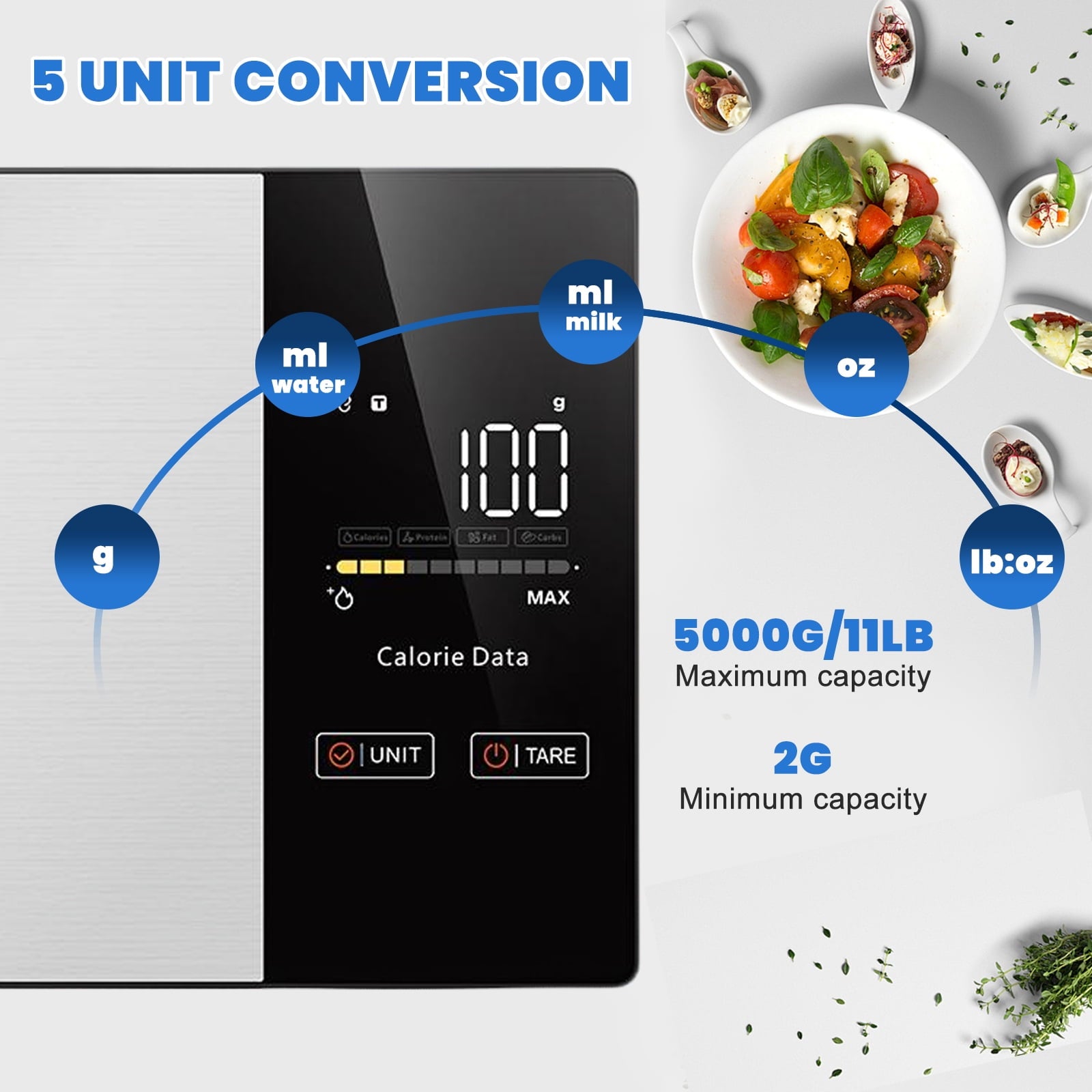 Smart Nutrition Food Scale with LED Touch Display, Tracks Calories, Fat, Carbs & Protein via App, 0.01oz Precision Di... - Image 5