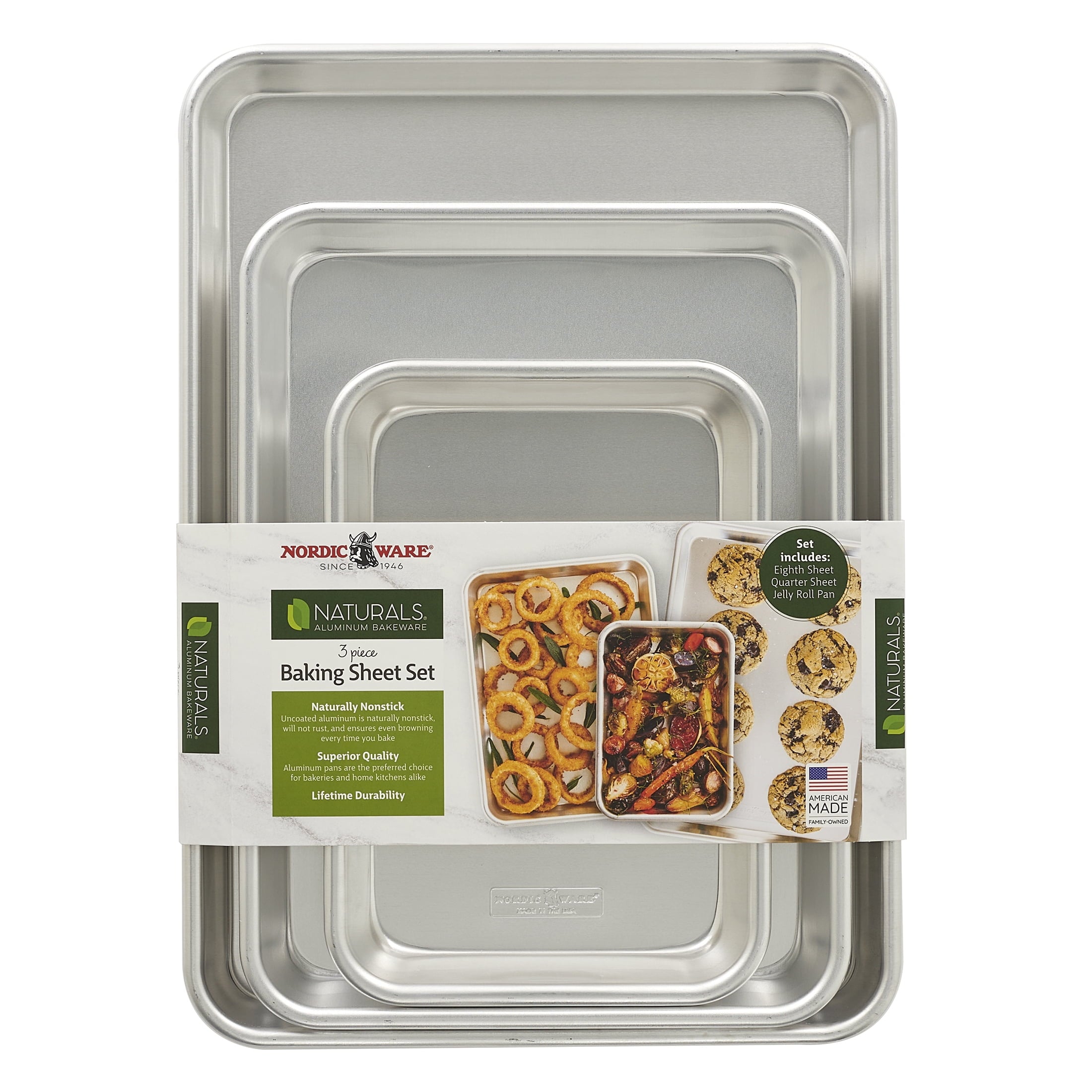 Naturals 3 Piece Aluminum Bakeware Set with Jelly Roll, Quarter & Eighth Sheet Rectangular Cookie & Baking Sheet Pans - Image 3