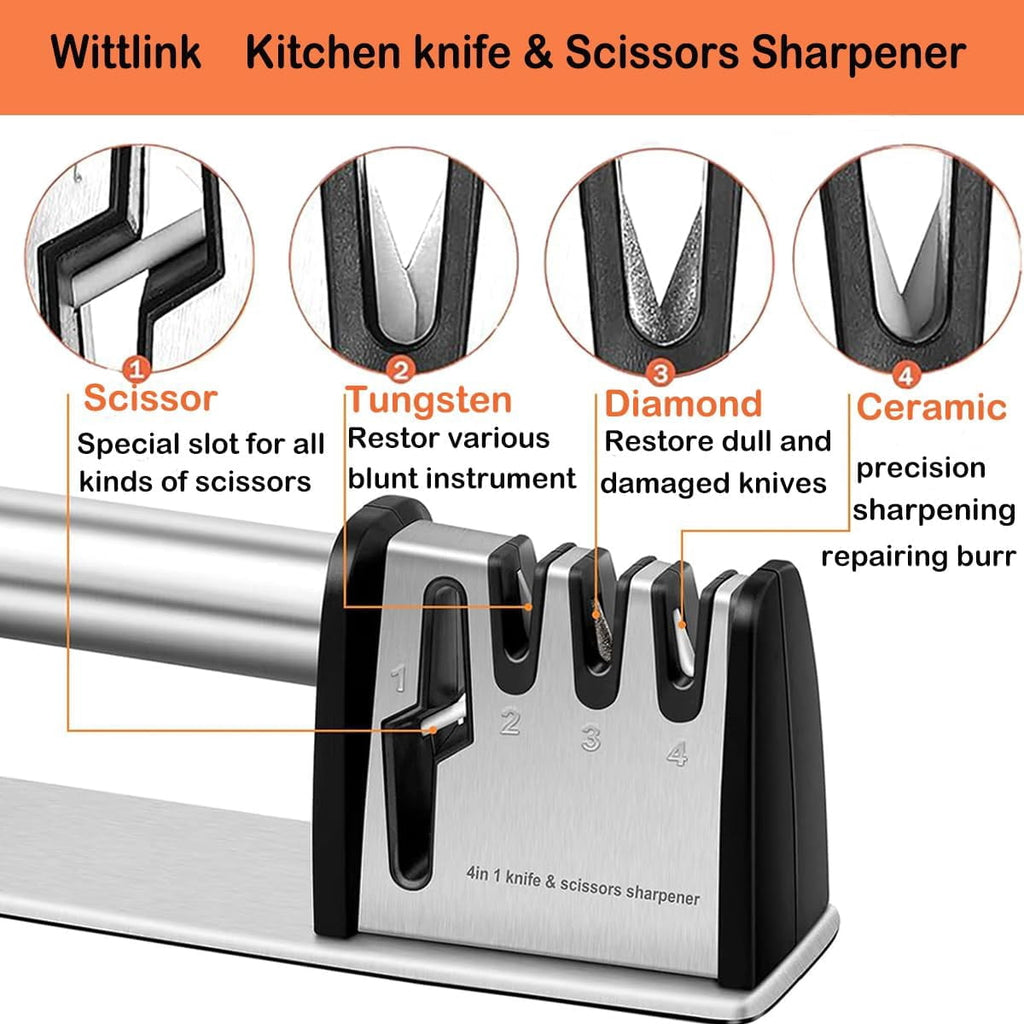 4-in-1 Professional Knife and Scissors Sharpener, Manual Kitchen Sharpening Tool, 8.5 Inch Length - Image 3