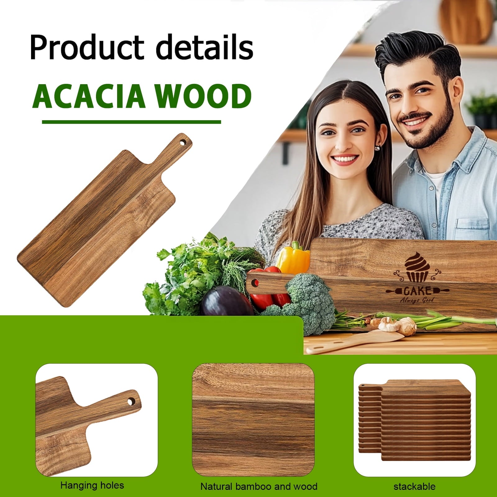 5 Pack Acacia Wood Cutting Board Bulk Wooden Serving Tray Kitchen Chopping Boards with Handle for Laser Engrave (17 x... - Image 3