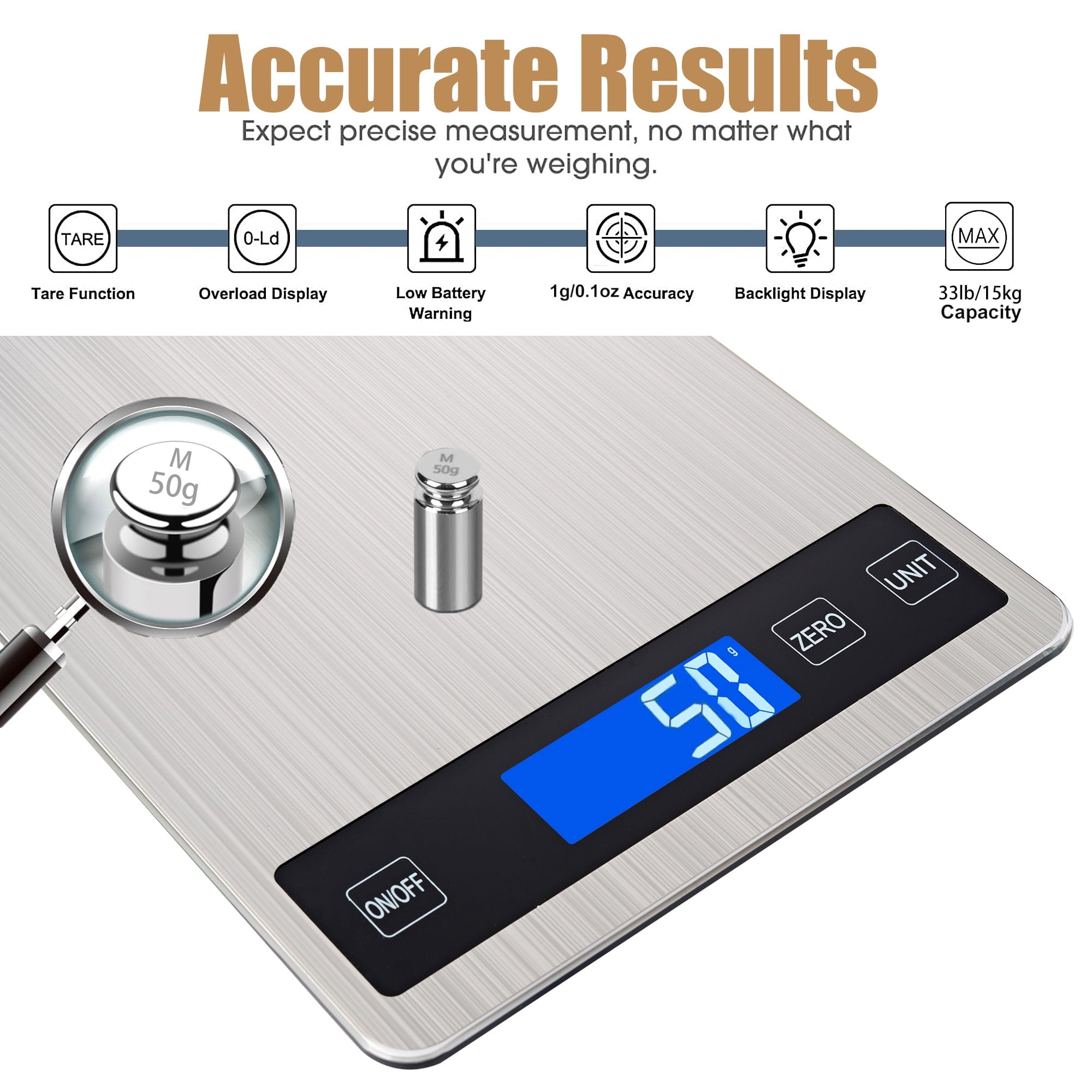 ZOWWKLLY Digital Food Kitchen Scale, Gram Scale 1g/0.1oz Accuracy, 15kg/33lb Stainless Steel with 5 Units, Tare Funct... - Image 2