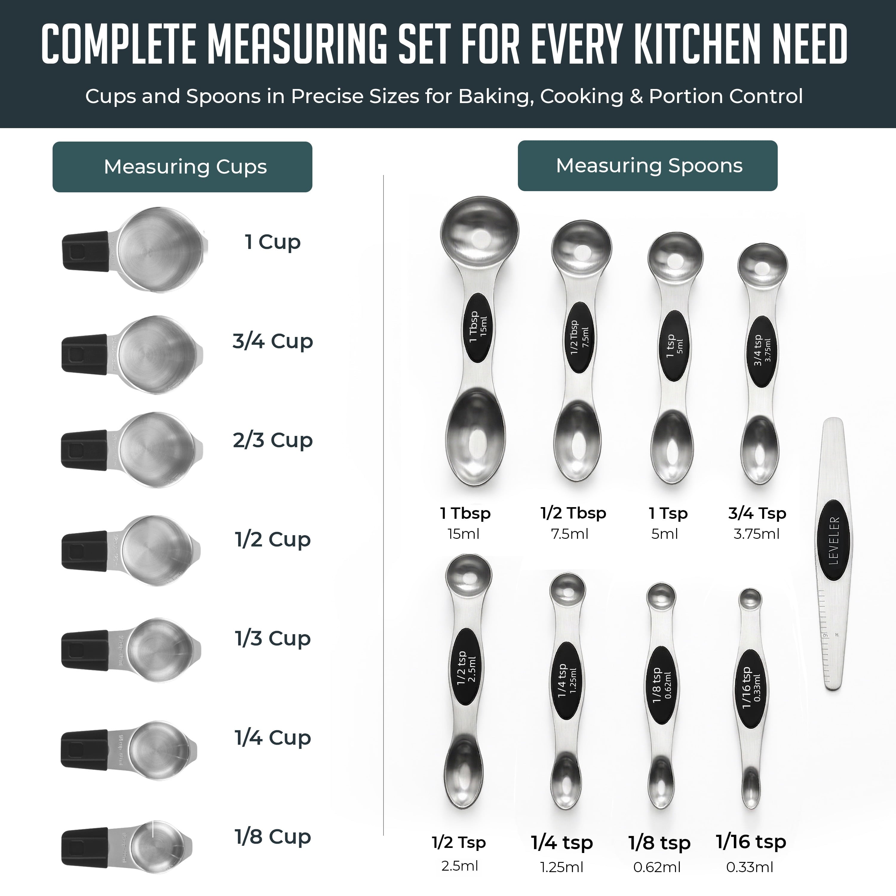 Magnetic Measuring Cups and Spoons Set, Stainless Steel with Easy-to-Read Markings, Dual-Sided N40 Magnetic Tool for ... - Image 3