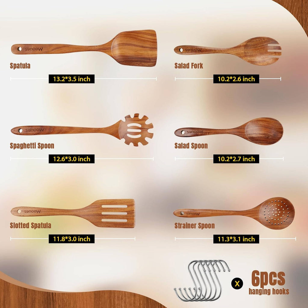 ACMETOP 6-Piece Natural Teak Wooden Spoons for Cooking With 10 Hooks，Handcrafted Kitchen Utensils Set ，Ideal Gift Set - Image 2