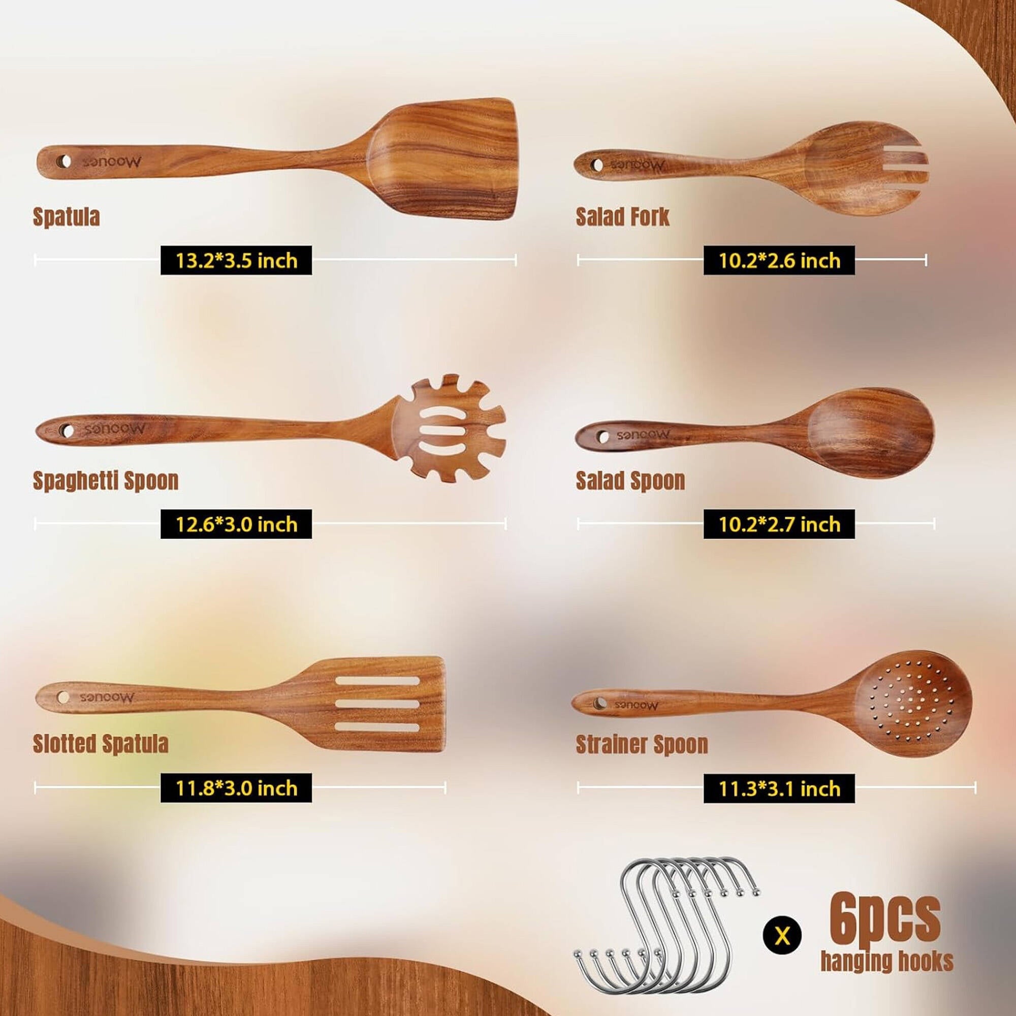 ACMETOP 6-Piece Natural Teak Wooden Spoons for Cooking With 10 Hooks，Handcrafted Kitchen Utensils Set ，Ideal Gift Set - Image 2