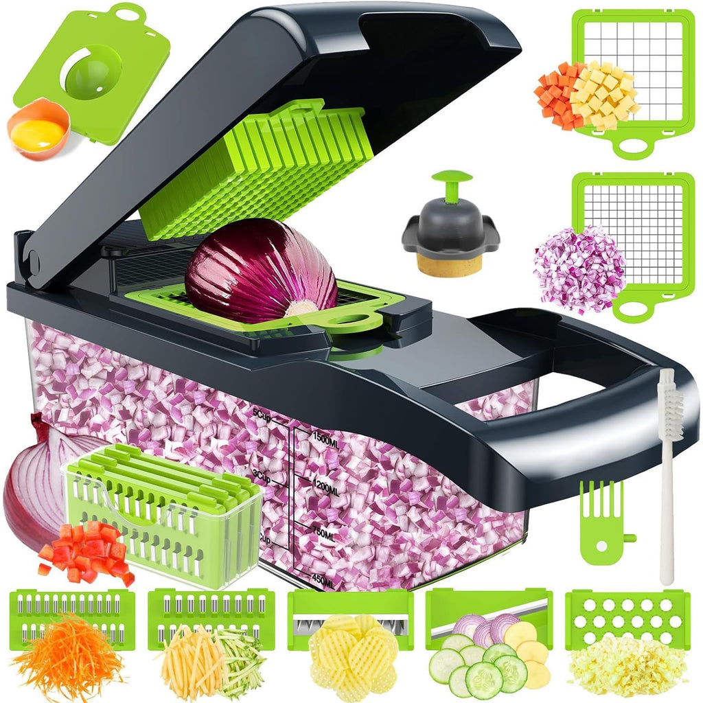 13-in-1 Vegetable Chopper & Slicer - Multifunctional Onion Chopper with 8 Blades, Colander Basket & Container | Mini ...