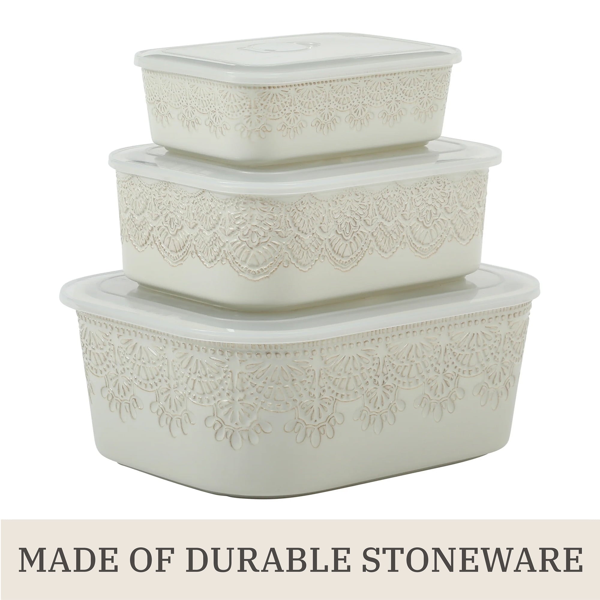 The Pioneer Woman Vintage Lace 6-Piece Nesting Casserole Baking Dish Bakeware Set with Lids, Linen - Image 3