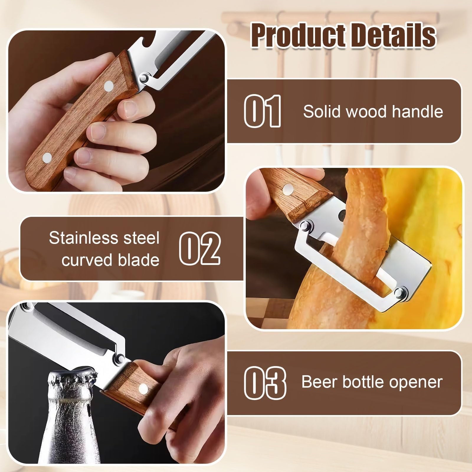 Multi-Functional Vegetable Peeler for Kitchen, Stainless Steel Fruit Potato Apple Peelers with Manual Wooden Handle, ... - Image 4