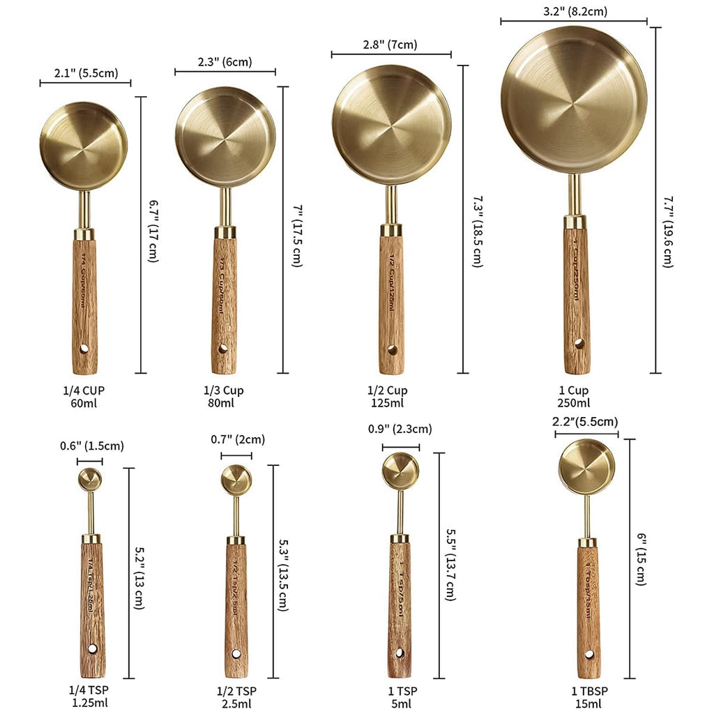 8Pcs Measure Cup and Spoon Set Gold Measuring Cup Spoon Set with Wooden Handle Stainless Steel Stackable Kitchen and ... - Image 2