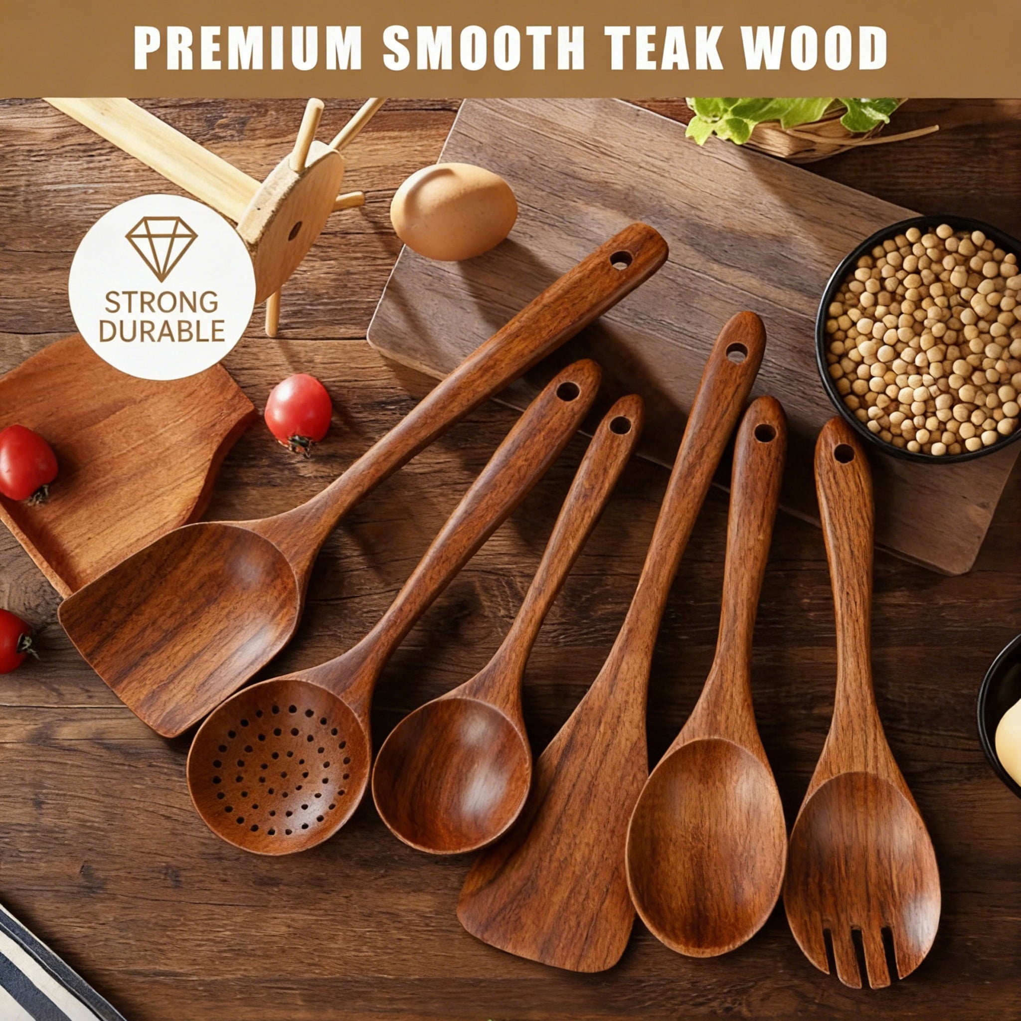 GPED Wooden Spoons for Cooking, 6 PCS Teak Wood Cooking Utensil Set, Wooden Kitchen Utensils for Nonstick Pans & Cook... - Image 4
