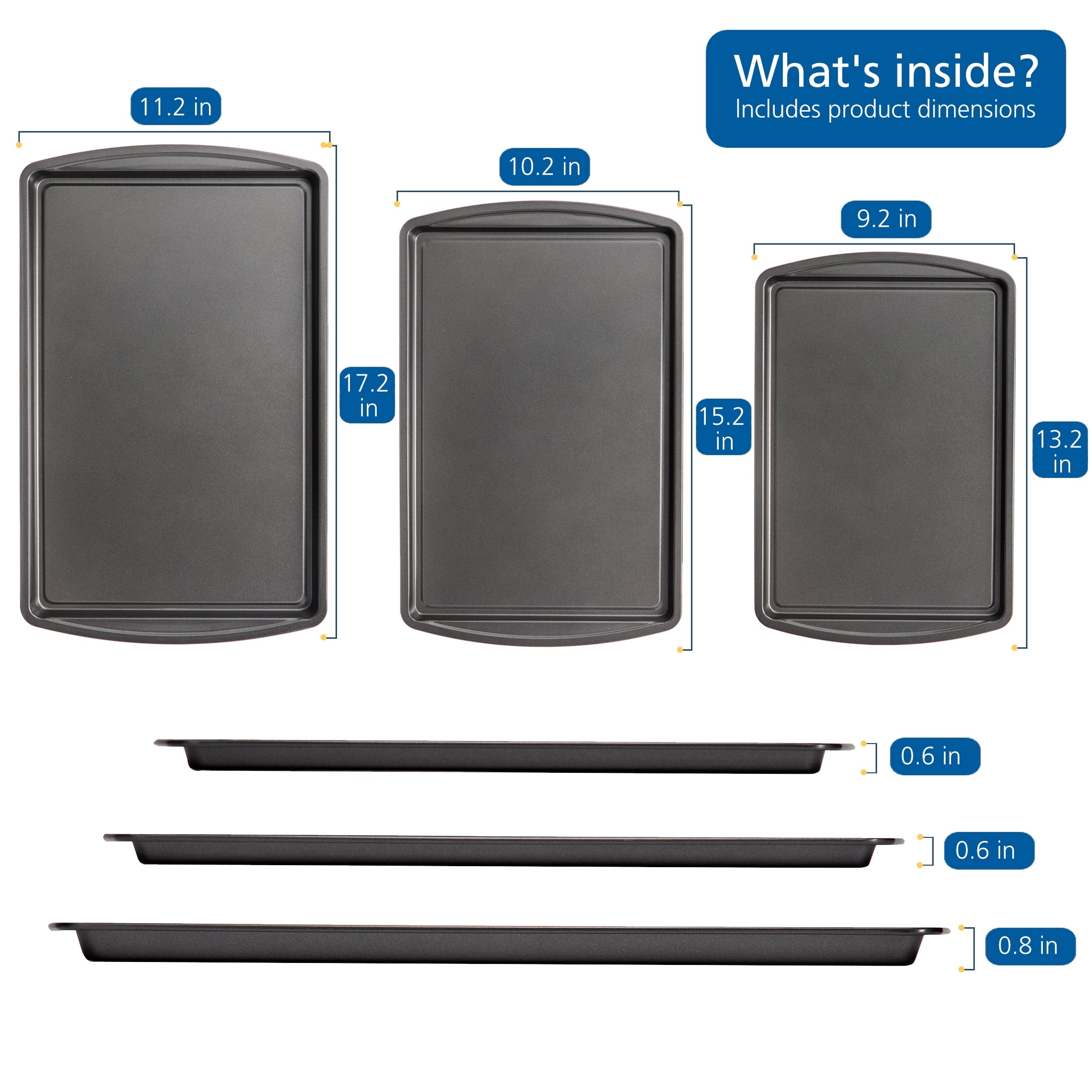 Mainstays 3pc Carbon Steel Nonstick Cookie Sheet Bakeware Set, 11" x 17", 10" x 15", 9" x 13", Gray - Image 2