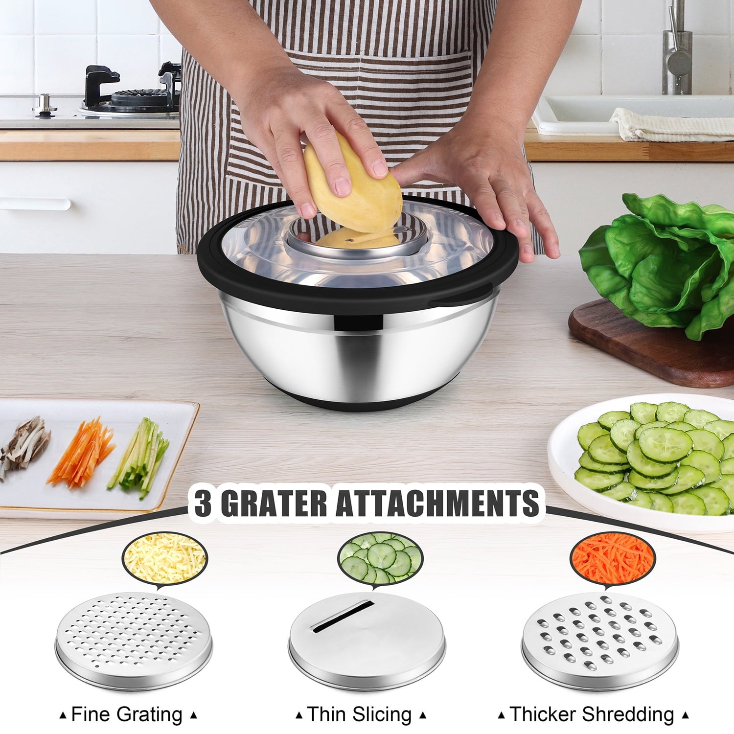 Vesteel Colander with Mixing Bowl Set, 4 in 1 Stainless Steel Food Strainer with Airtight Visible Lid and 3 Graters, ... - Image 2