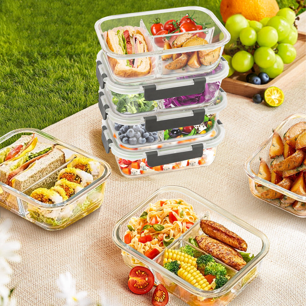 8 Pcs Glass Food Storage Containers with Lids, 2 & 3 Compartment Glass Airtight Meal Prep Containers (4 Containers & ... - Image 5
