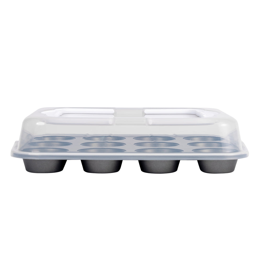 Mainstays 12 Cup Muffin Pan with Covered Carrier, Carbon Steel Bakeware, Plastic Cover - Image 3