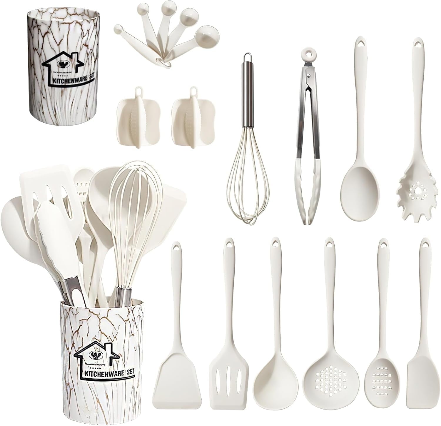 18PCS Silicone Cooking Utensils Set - 446°F Heat Resistant Kitchen Utensils,Turner Tongs,Spatula,Spoon,Brush,Whisk,Ki...