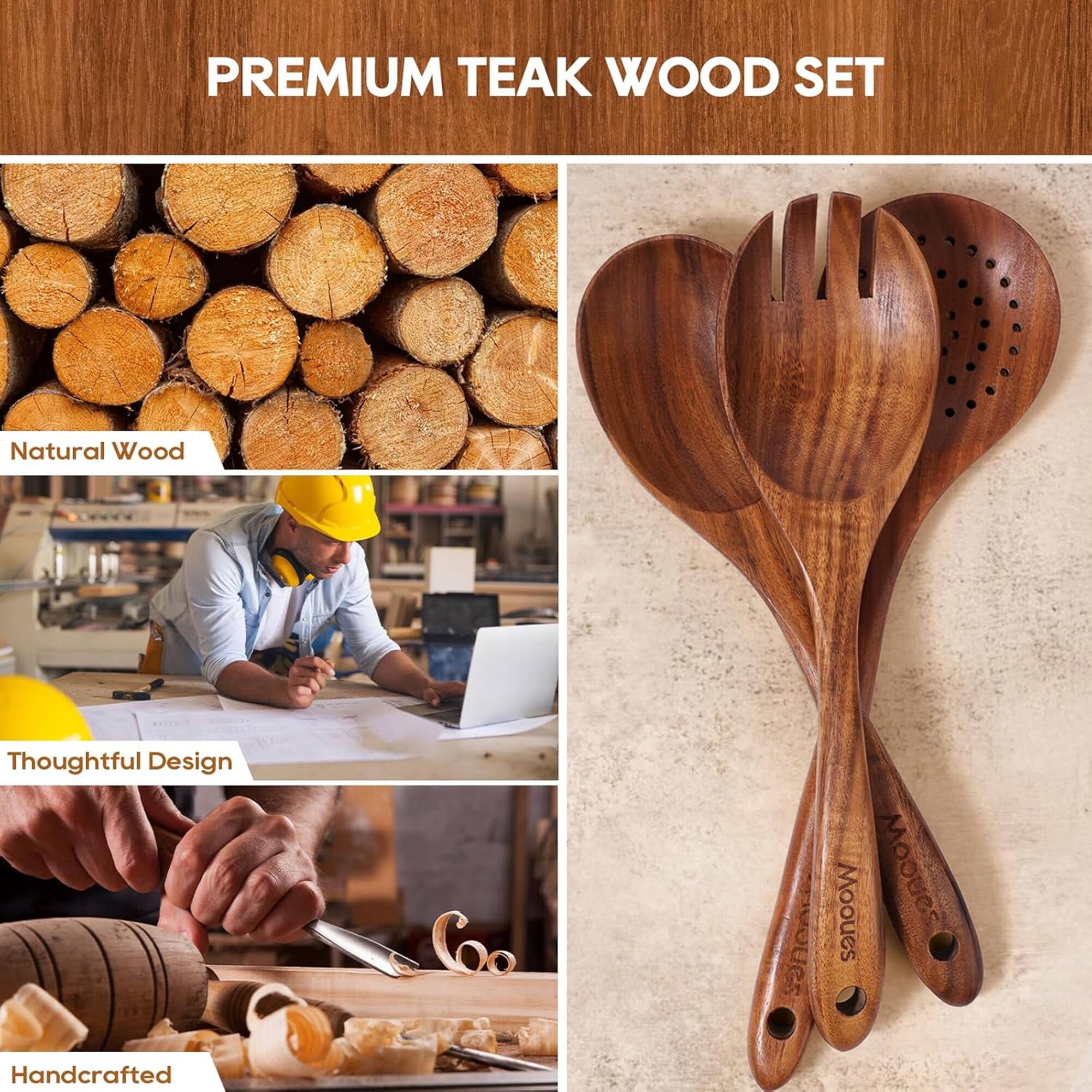 ACMETOP 6-Piece Natural Teak Wooden Spoons for Cooking With 10 Hooks，Handcrafted Kitchen Utensils Set ，Ideal Gift Set - Image 3
