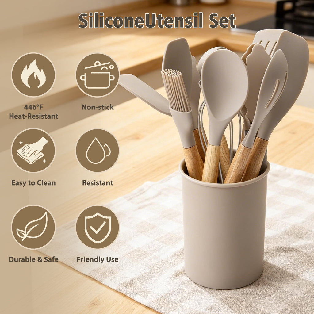Silicone Cooking Utensils Set, Heat Resistant Kitchen Tools, 36 PCS Non-Stick Silicone Cooking Kitchen Utensils, Khaki - Image 6