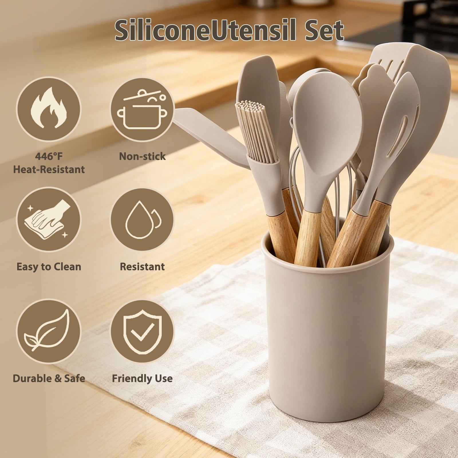 Silicone Cooking Utensils Set, Heat Resistant Kitchen Tools, 36 PCS Non-Stick Silicone Cooking Kitchen Utensils, Khaki - Image 6