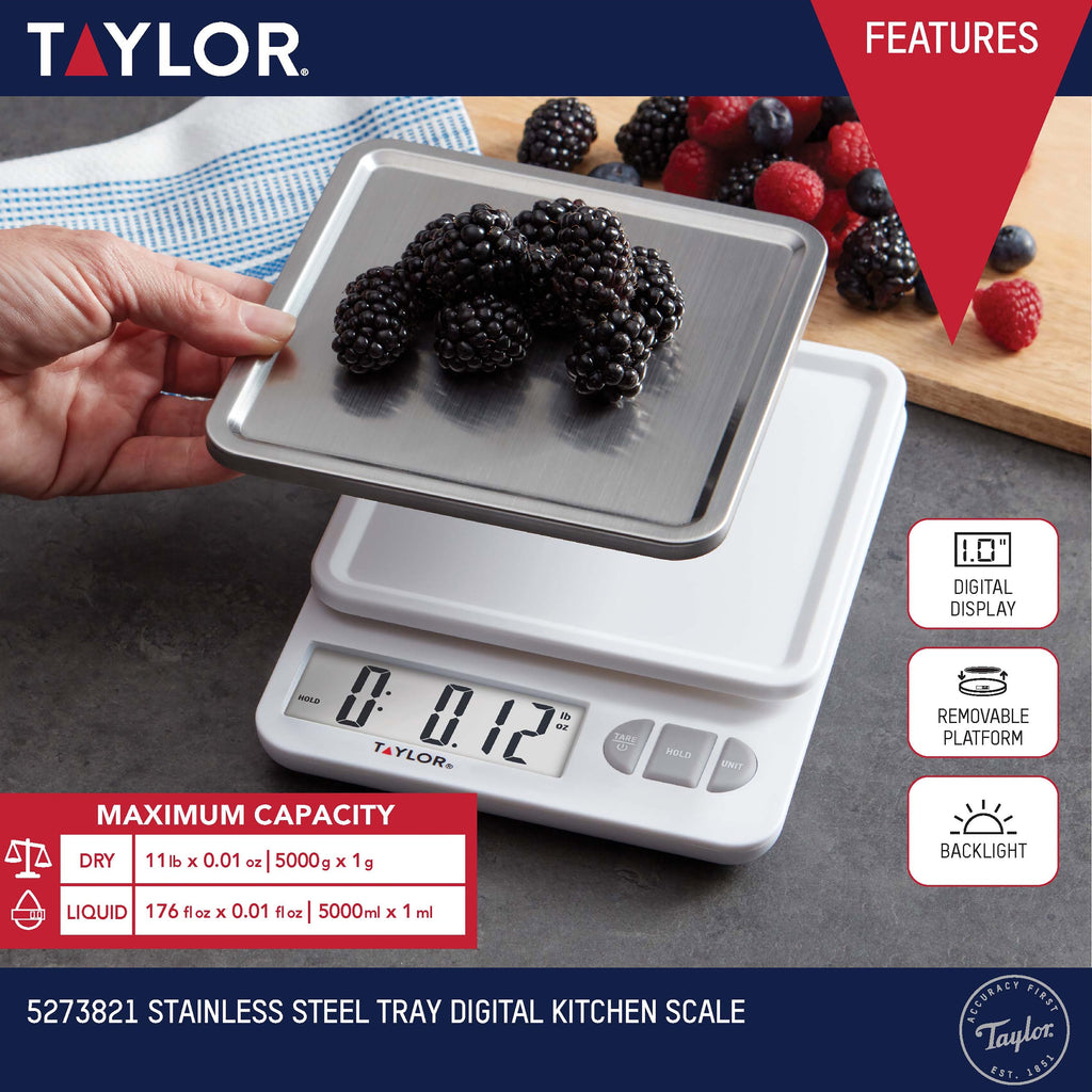 Taylor 11lb Digital Kitchen Scale and Food Scale with Removable Stainless Steel Tray Cooking, Baking, Meal Prepping W... - Image 3