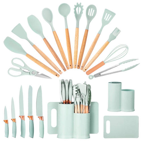 HEESEM 19pcs Silicone Kitchen Utensil Set, Heat-Resistant Non-Stick Easy Cooking Cleaning Home Light-Green
