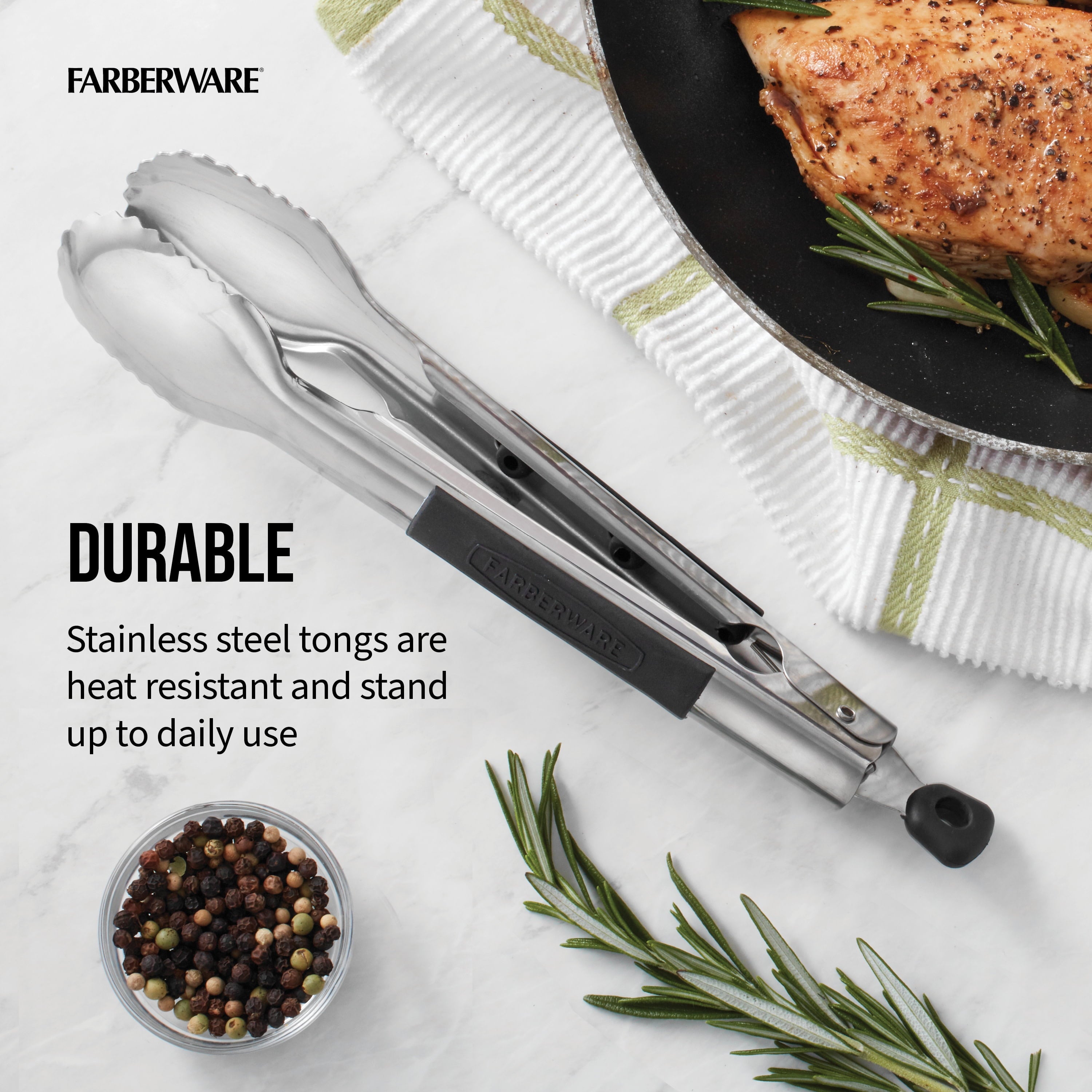 Soft-Grip Stainless Steel 9 in Locking Kitchen Food Tongs - Image 2