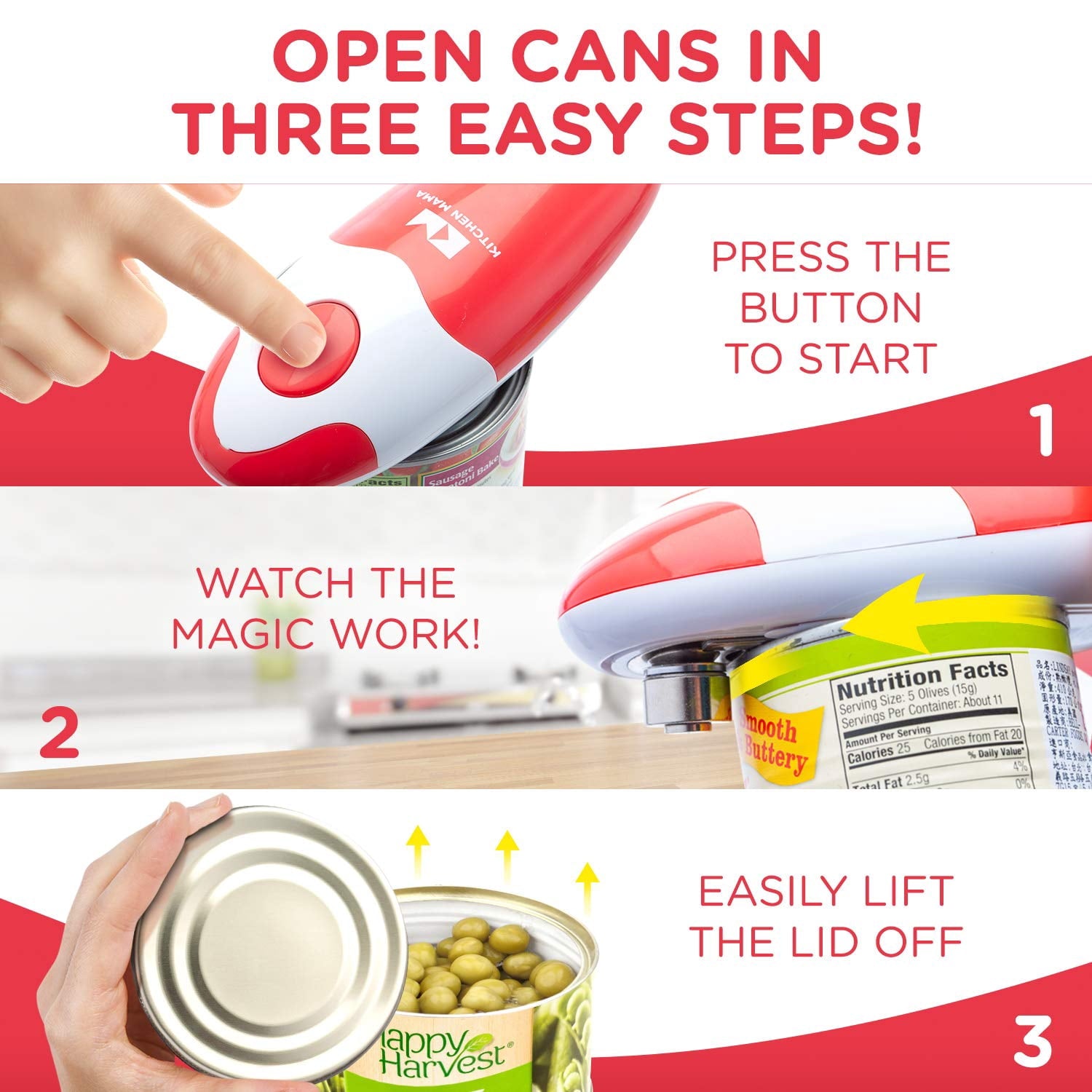 Kitchen Mama Handheld Electric Can Opener (Red) - Image 2