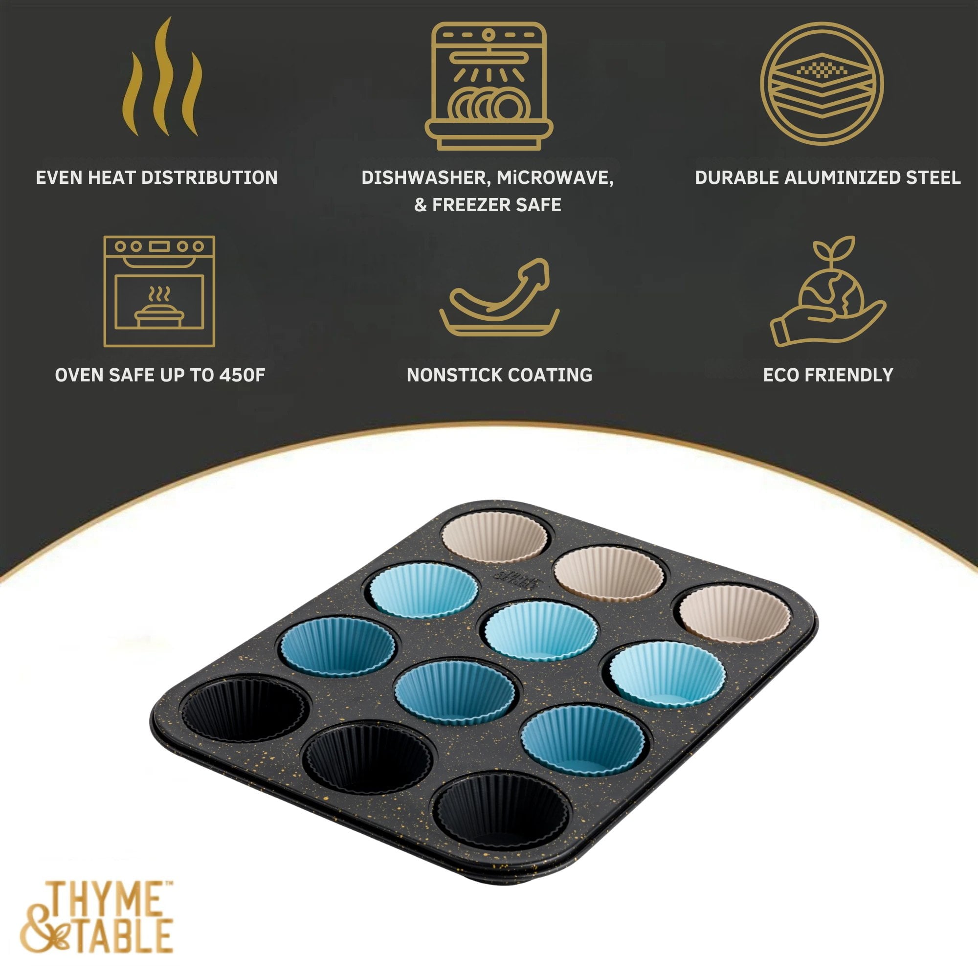 Thyme & Table 12 Cup Nonstick Muffin Pan with Silicone Baking Cups - Black - Image 2
