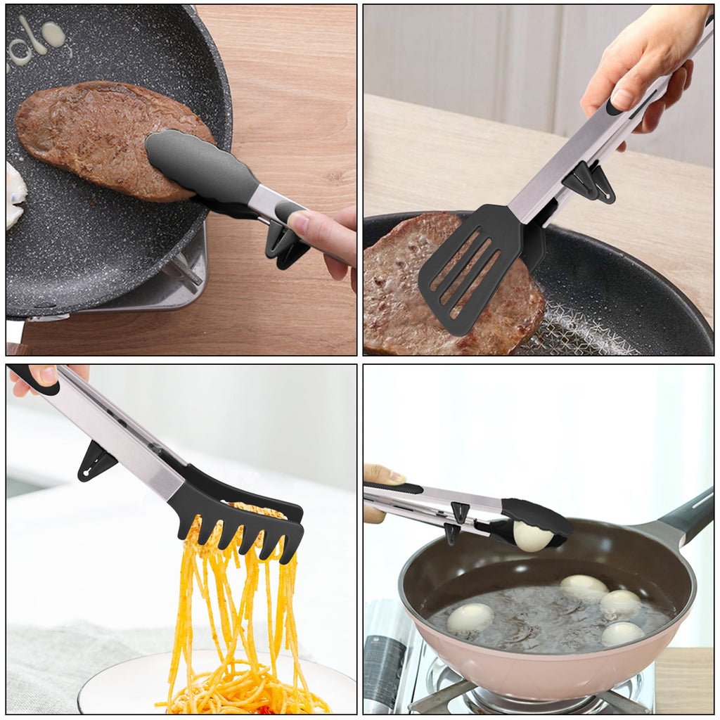 4in1 Stainless Steel Kitchen Food Tongs Set for Cooking with BPA Free Silicone Tips, Toaster Steak Pie Pizza Pasta Sp... - Image 4