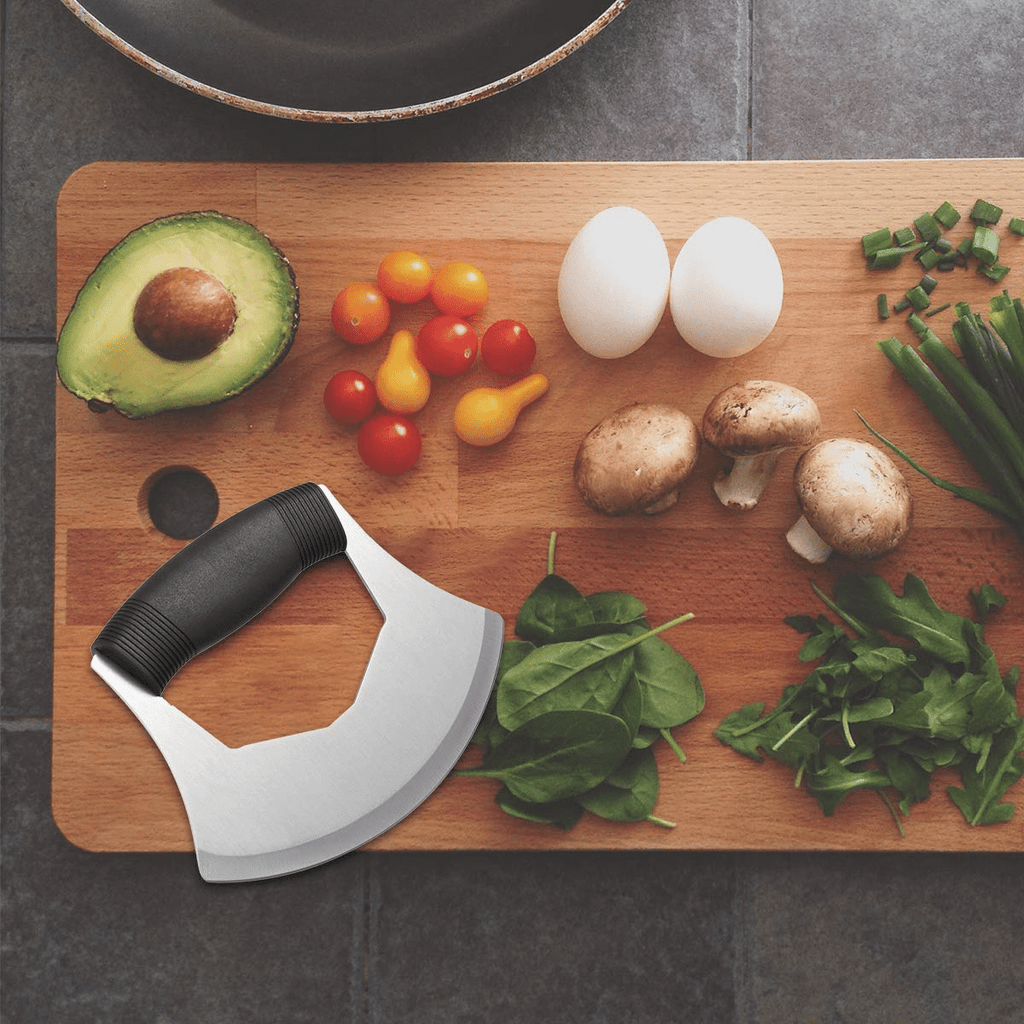 Plutput Mezzaluna Knife Salad Chopper, Stainless Steel Handle Anti-Slip Vegetable Chopper with Protection Cover Minci... - Image 2