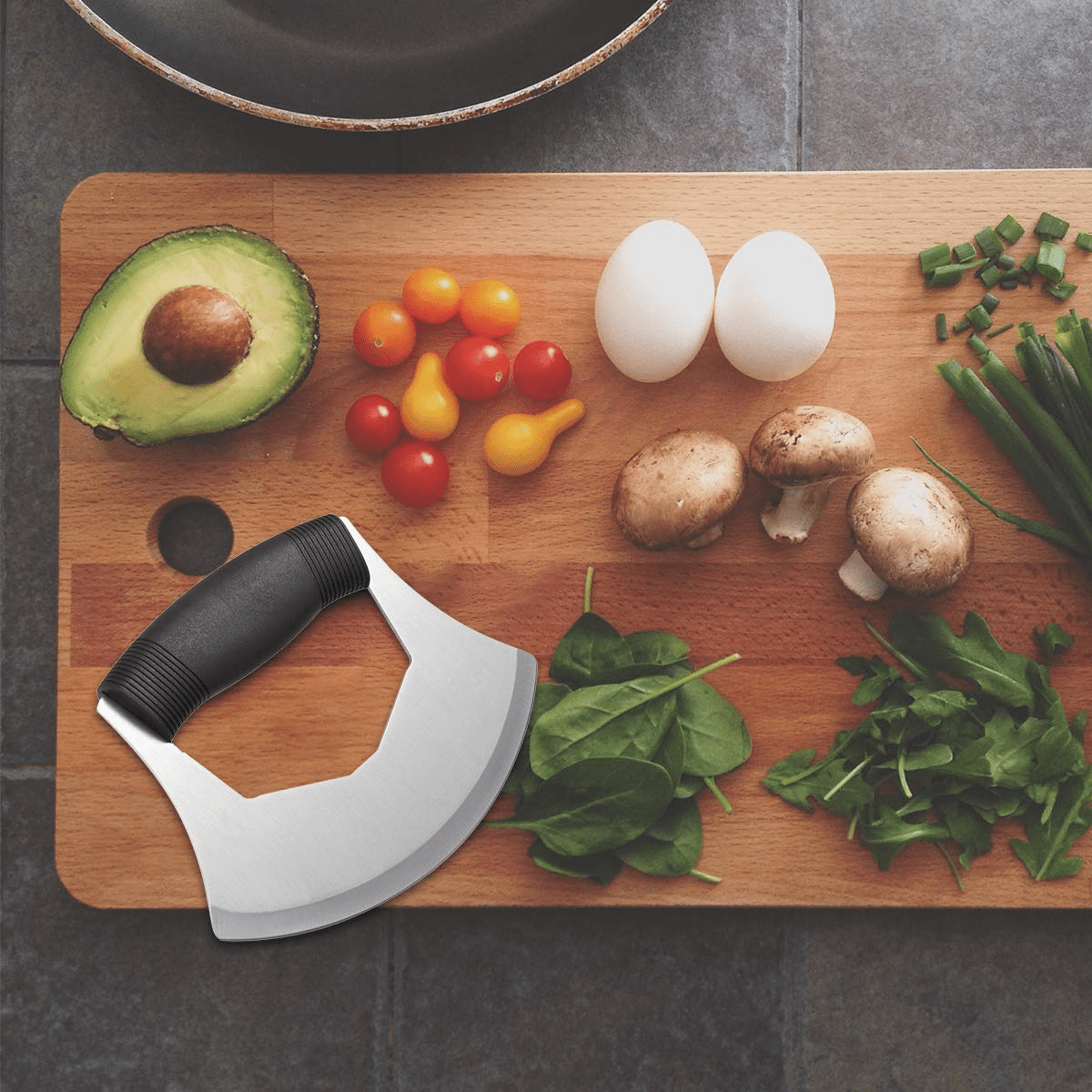 Plutput Mezzaluna Knife Salad Chopper, Stainless Steel Handle Anti-Slip Vegetable Chopper with Protection Cover Minci... - Image 2