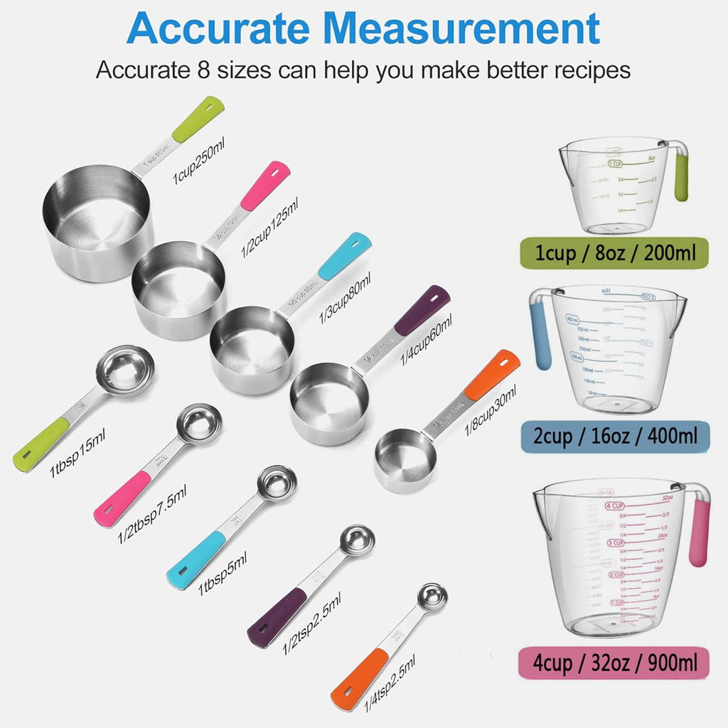 Square 14-Piece Measuring Cups and Spoons Set, Nesting Stainless Steel Measuring Cups Spoons with Plastic Measuring C... - Image 4
