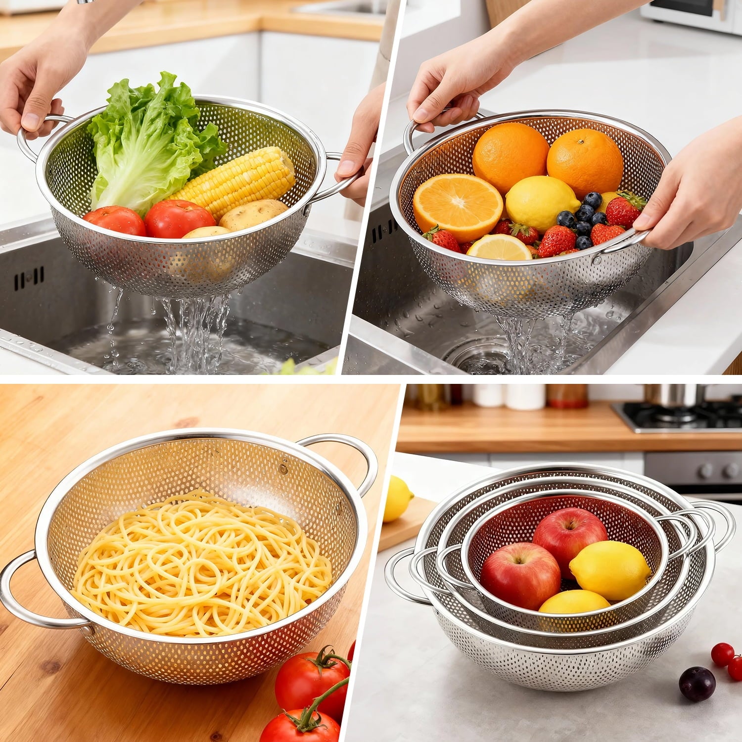 Colander Set of 3, AOKIWO Stainless Steel Micro-Perforated Colanders Strainers for Draining Rinsing Washing, Ideal fo... - Image 6