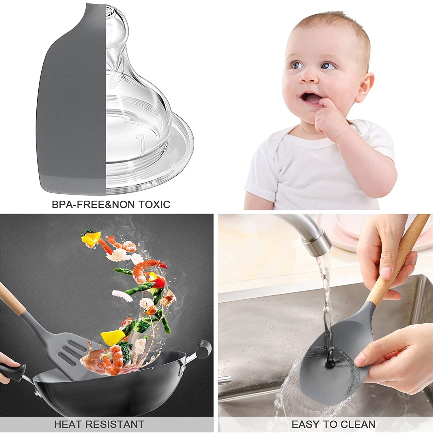 34PCS Silicone Cooking Utensils Set, 446°F Heat Resistant Wooden Handle Cooking Kitchen Utensils Spatula Set with Hol... - Image 5