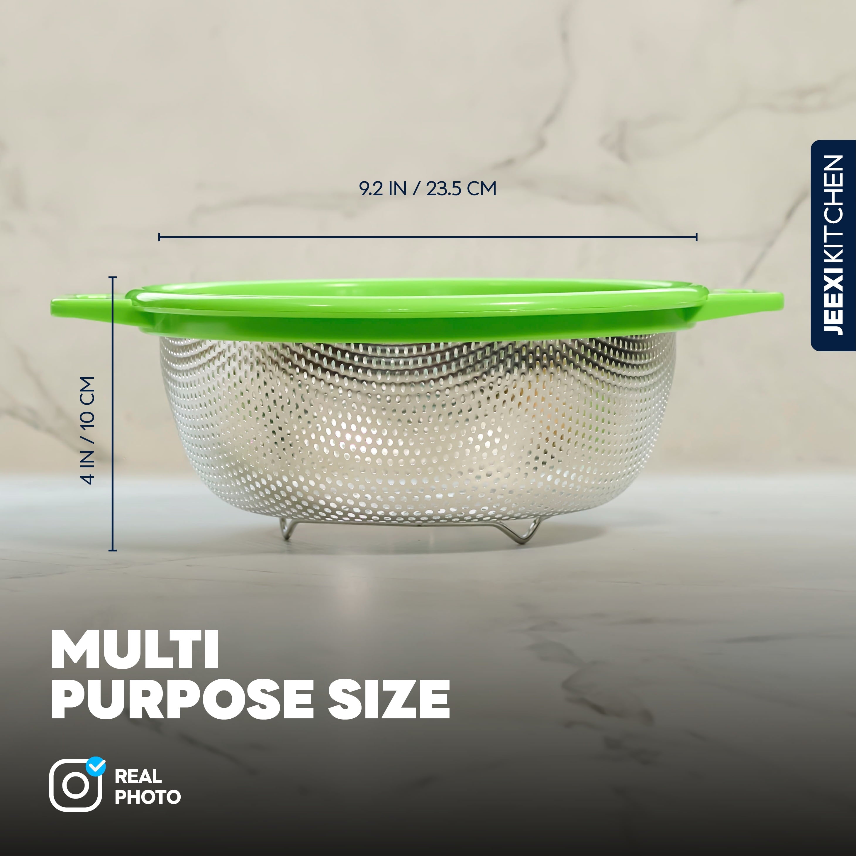 JEEXI Stainless Steel Colander With Handles, Large Metal Green Mesh Strainer for Pasta, Spaghetti, Berry, Veggies, Fr... - Image 4
