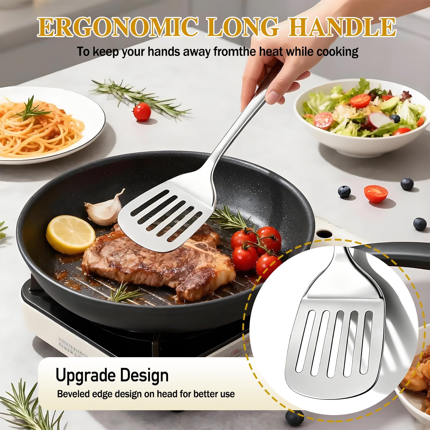 4 Pcs Cooking Utensils Set, TAIMASI Stainless Steel Kitchen Utensils, Kitchen Tools Set Include Solid & Slotted Turne... - Image 3