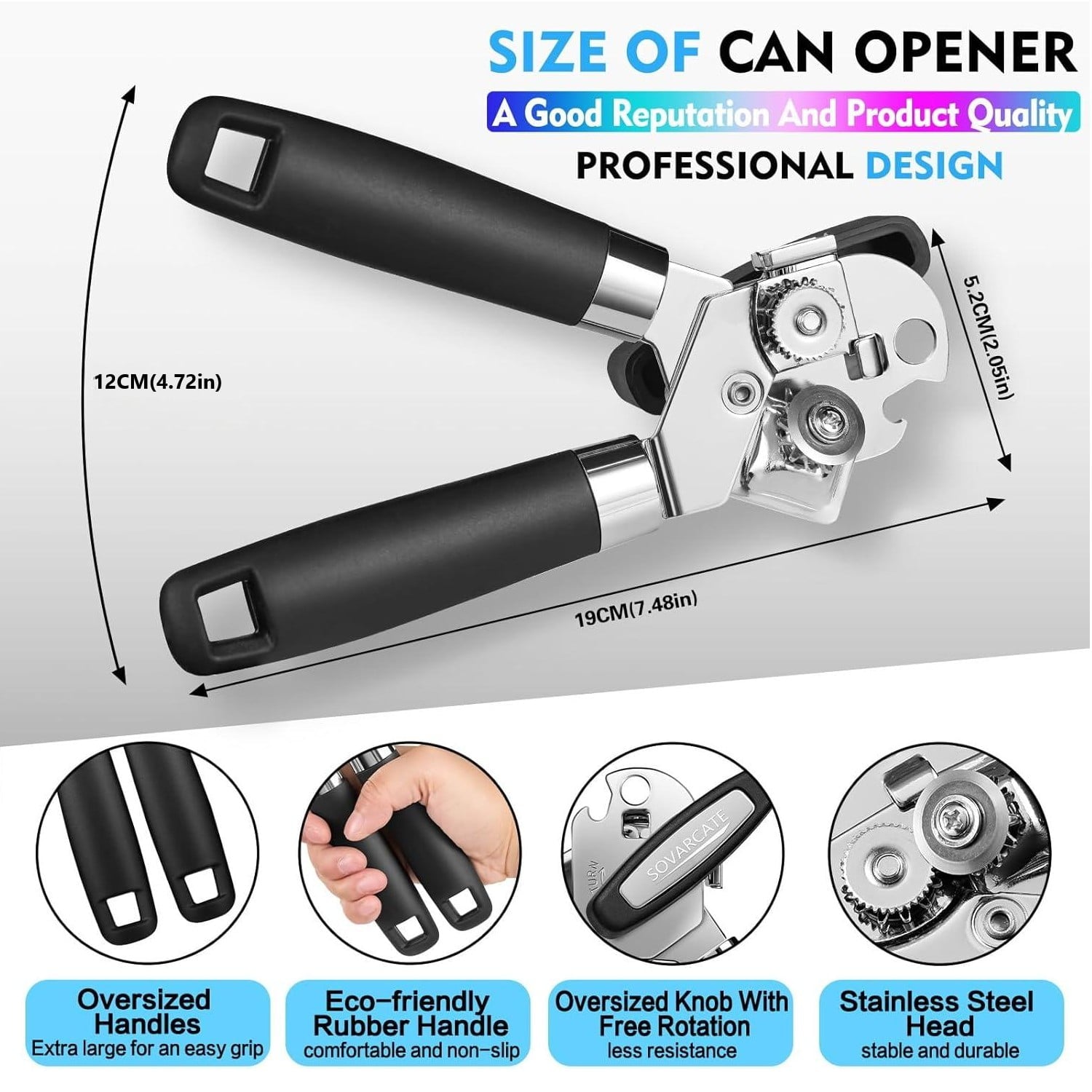 Behome Can Opener with Bottle Opener, Heavy Duty Manual Can Opener with With Turn Knob & Soft Handle, for Kitchen Sen... - Image 2