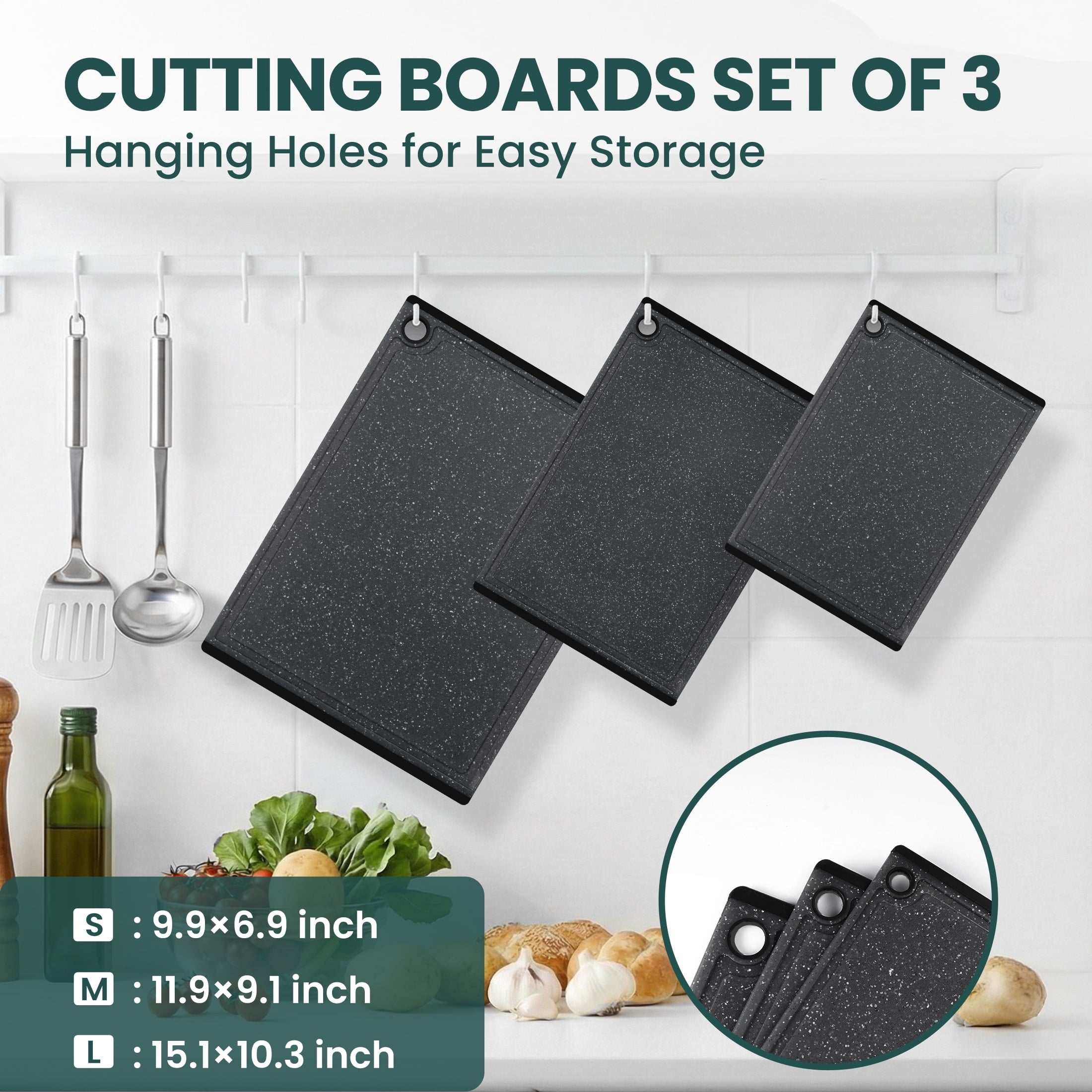 Kikcoin 3-Piece Plastic Large Cutting Boards Set for Kitchen, Chopping Board with Non-slip Feet and Juice Grooves - Image 2