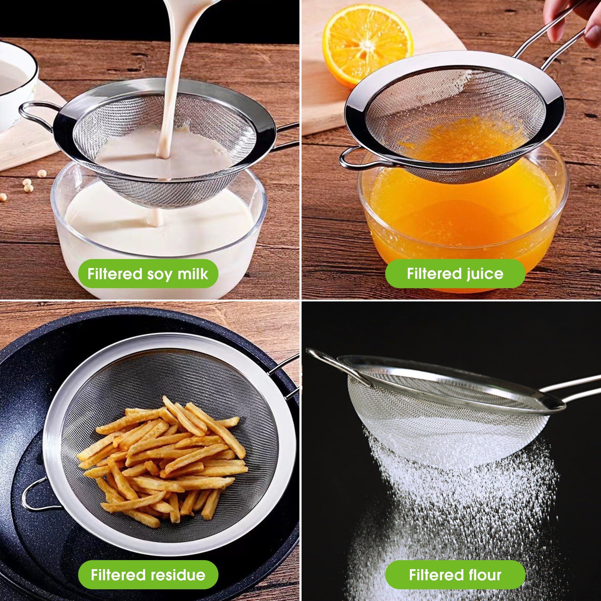 GARITIN 3-Piece Stainless Steel Fine Mesh Strainer Set, 4", 6", and 8", Kitchen Thin Mesh Strainer for Tea Flour Suga... - Image 4